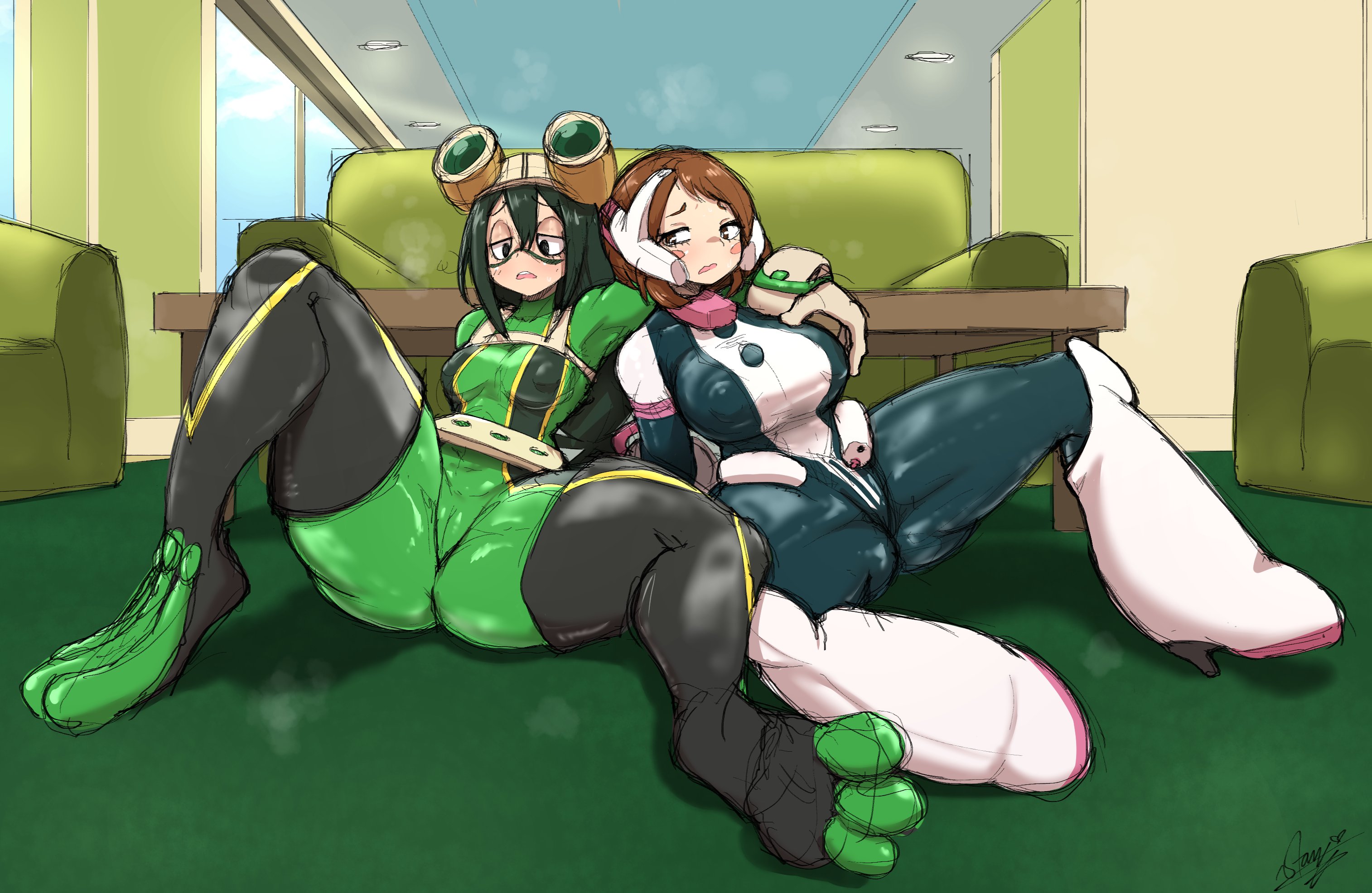 2girls, blush, bodysuit, boots, brown hair, brown-haired female, female, female only, green hair, green-haired female, hero outfit (mha), my hero academia, ochako uraraka, spread legs, starykrow, tsuyu asui