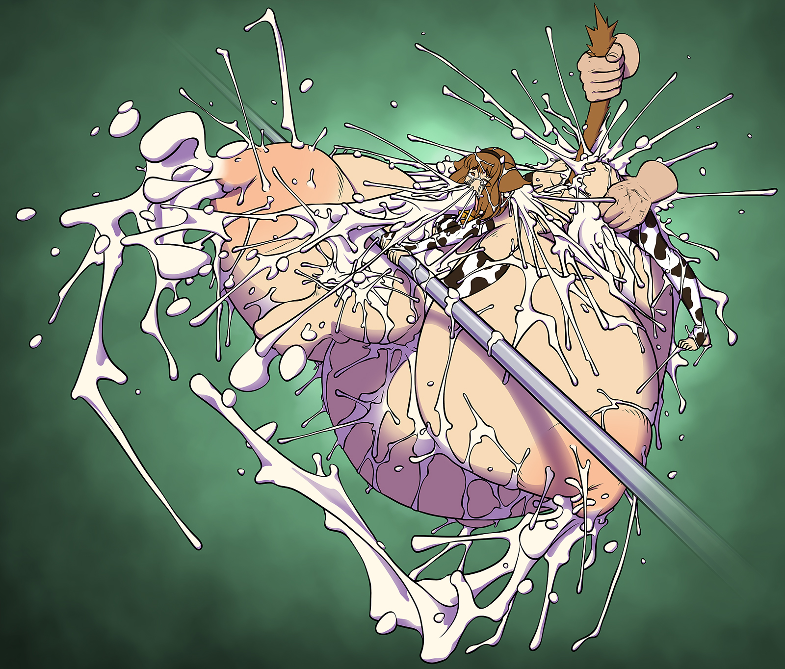 big belly, breasts, breasts bigger than ass, cow bikini, cow print, cum, cum explosion, cum through, cum through ears, cum through eyes, cum through navel, cumflated belly, cumflation, deep penetration, disturbedmonkey, excessive cum, female, fonkimonki, gigantic breasts, huge breasts, huge cock, hyper cumflation, hyper inflation, hyper penetration, hyper penis, hyper stomach bulge, inflation, lactating, lactating nipples, lactation, lifted, lifting, liza (disturbedmonkey), liza (fonkimonki), male, milk, milking, paizuri, penetration, penis, ridiculous fit, rolling eyes, sex, stomach bulge, stomach bulge paizuri, tail grab