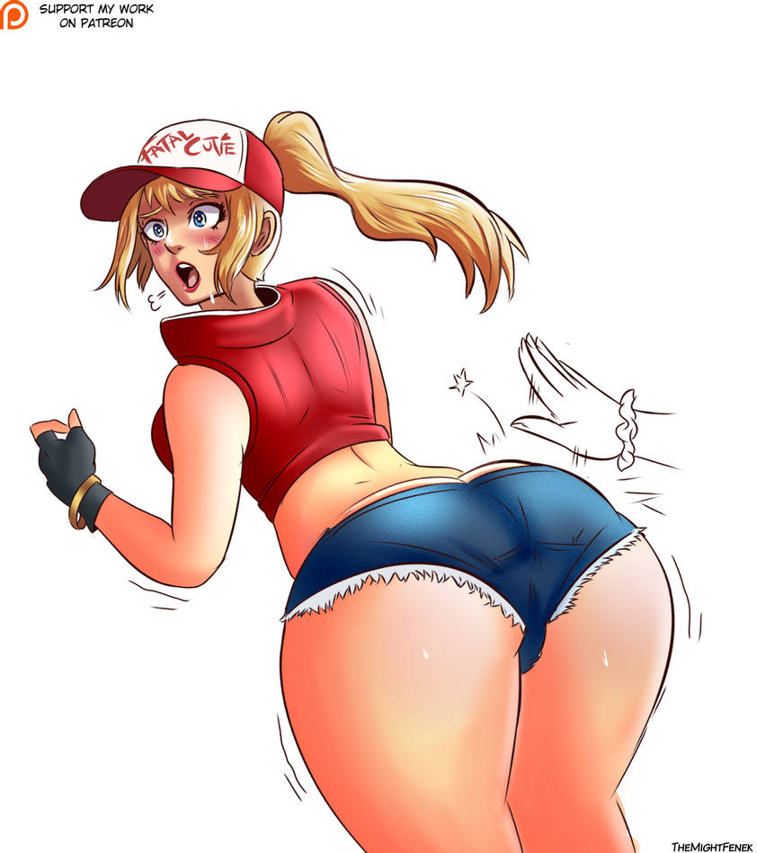 1girls, ass, ass smack, canon genderswap, disembodied hand, fatal fury, female, female only, female terry, king of fighters, rule 63, snk, snk heroines: tag team frenzy, spanking, terry bogard, themightfenek