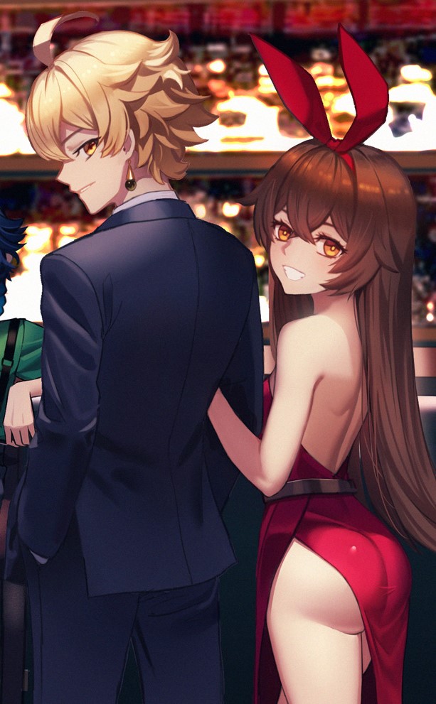 1boy, 1girls, aether (genshin impact), alternate hairstyle, amber (genshin impact), artist request, ass, back view, bare back, bare legs, big ass, bubble ass, bubble butt, dress, female, genshin impact, male, smile, tagme, thick ass, venti (genshin impact)