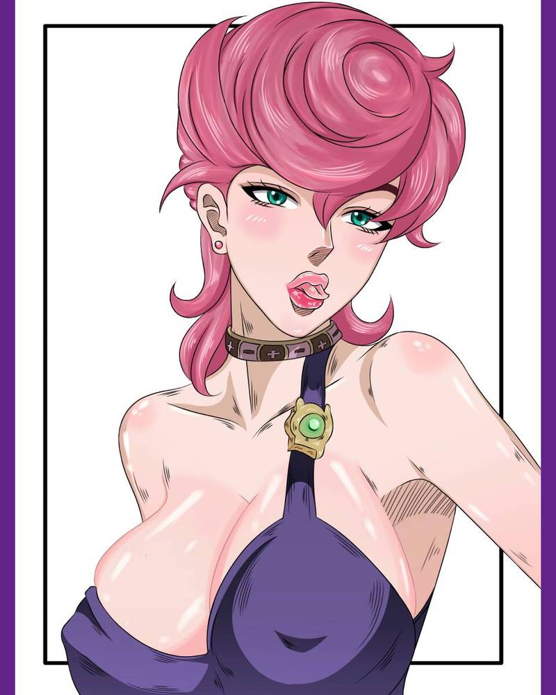 1girls, armpits, bare shoulders, big breasts, big lips, big nipples, blush, breasts, choker, covered nipples, earrings, eyebrows behind hair, eyelashes, female, female focus, female only, green eyes, huge breasts, human, jojo's bizarre adventure, koji2000, light skin, light-skinned female, lipstick, looking away, nipple bulge, nipples, nipples visible through clothing, pink hair, pink lips, pink lipstick, puffy lips, puffy nipples, short hair, shounen jump, skindentation, tagme, thick lips, tongue, tongue out, trish una, upper body, vento aureo