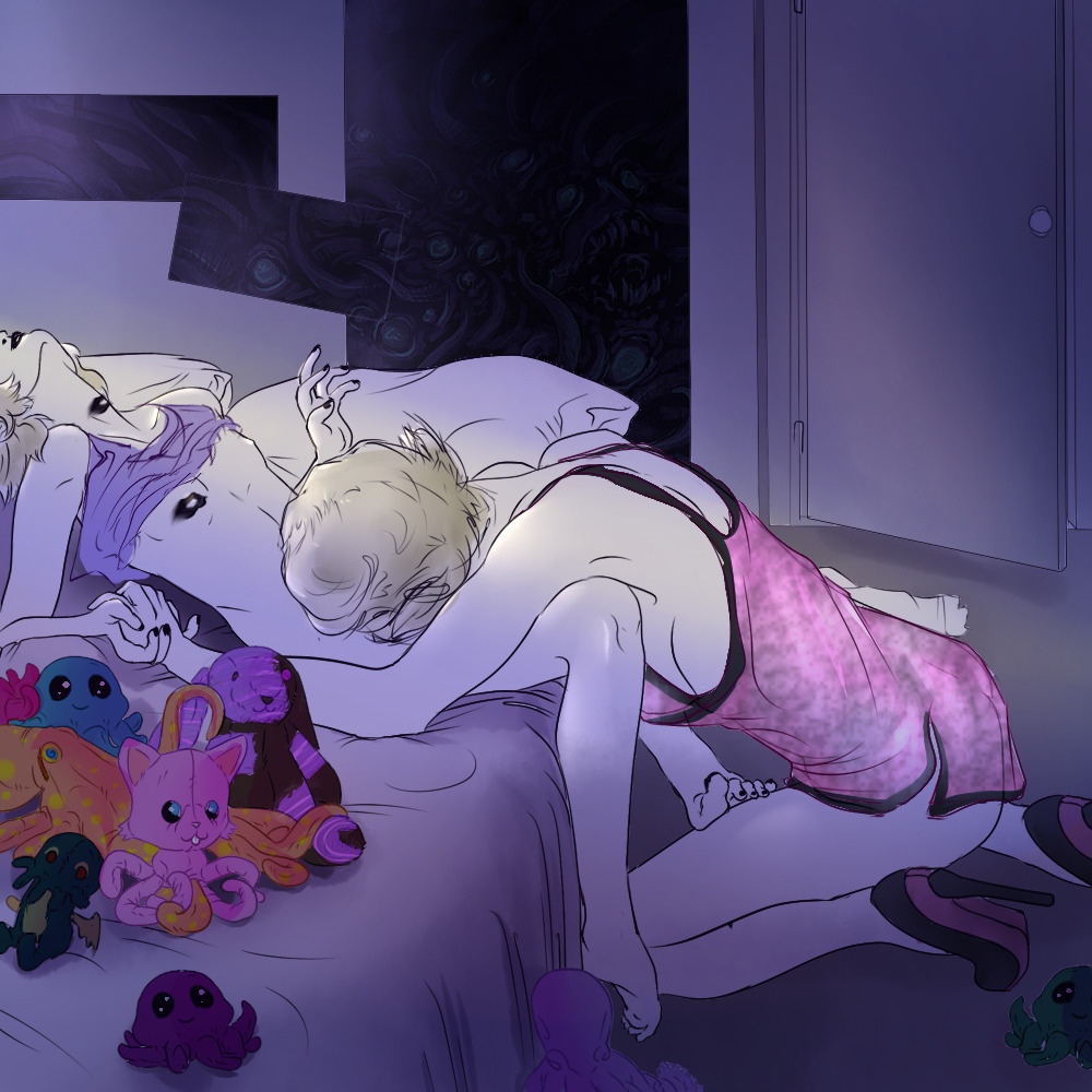 2girls, black lipstick, blonde hair, bottomless, cunnilingus, female, high heels, homestuck, incest, kneeling, lipstick mark, mother and daughter, ms. lalonde, multiple females, multiple girls, on bed, oral, rose lalonde, shirt lift, themorbidoptimist, yuri