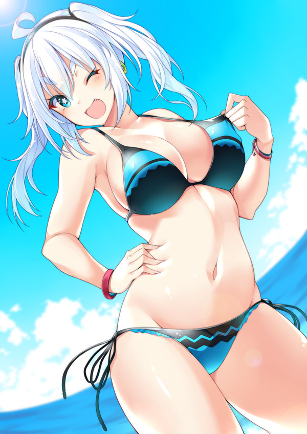 beach, bikini, blue eyes, breasts, female, hairband, looking at viewer, medium breasts, original, sky, suruga (xsurugax), twintails, water, white hair, winking