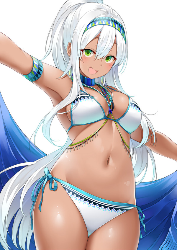belly dancer, breasts, brown skin, dark skin, dark-skinned female, female, green eyes, hairband, harem outfit, jewelry, looking at viewer, medium breasts, ponytail, suruga (xsurugax), white hair