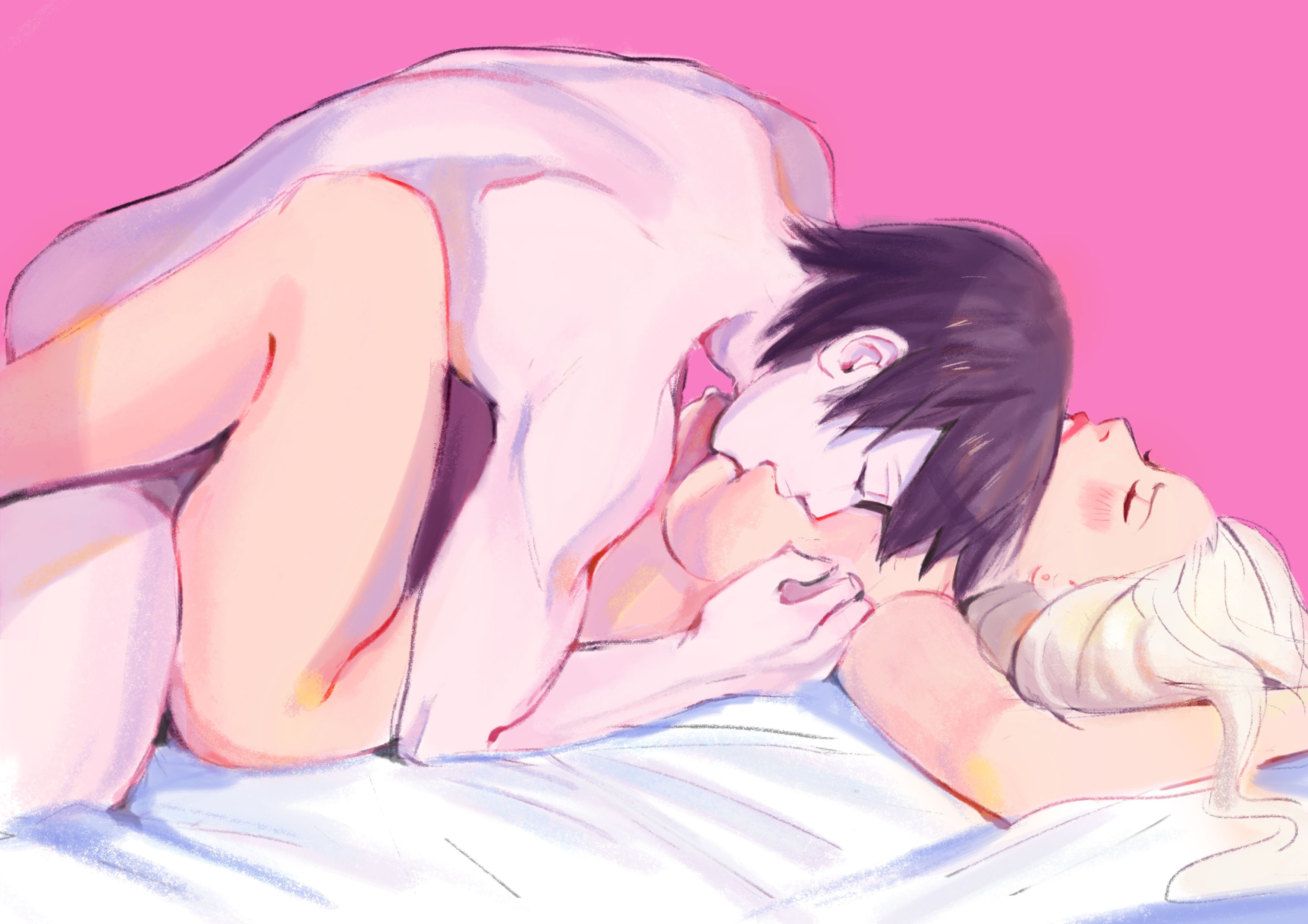 1boy, 1girls, ambiguous penetration, arms behind head, arms up, bed, bedding, black hair, blonde female, blonde hair, blush, bondage, breast sucking, breasts, canon couple, closed eyes, couple, eyes closed, female, husband and wife, ino yamanaka, legs, light skin, light-skinned female, light-skinned male, lipstick, looking pleasured, male, male and female focus, male penetrating, male/female, missionary, missionary position, moaning, monday mint, naked, naruto, naruto (series), naruto shippuden, naruto: the last, nude, nude female, nude male, on bed, pale skin, pale-skinned male, penetration, pleasure face, red lips, red lipstick, romantic ambiance, romantic couple, sai, sex, shounen jump, straight, sucking nipples, thighs, wholesome