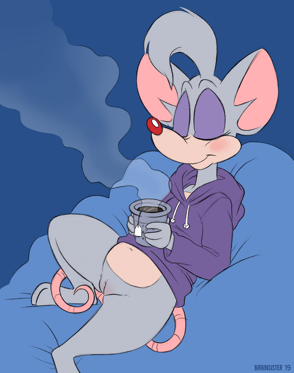 2019 animaniacs anthro beverage billie_(pinky_and_the_brain) bottomless brainsister closed_eyes clothed clothing cup female fur genitals grey_body grey_fur grey_hair hair hi_res hoodie mammal mouse multicolored_body multicolored_fur murid murine navel pink_body pink_fur pinky_and_the_brain pussy red_nose rodent signature solo steam tea thick_thighs topwear two_tone_body two_tone_fur warner_brothers