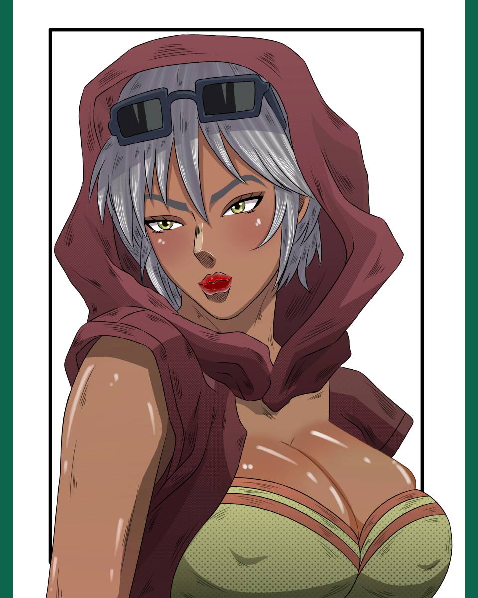1girls, big breasts, breasts, dark skin, dark-skinned female, eyebrows behind hair, female, female focus, female only, grey hair, huge breasts, human, jojo's bizarre adventure, koji2000, lipstick, mariah (jjba), nipple bulge, nipples, nipples visible through clothing, red lips, red lipstick, short hair, shounen jump, solo, stardust crusaders, sunglasses, sunglasses on head, tagme, villainess, white hair