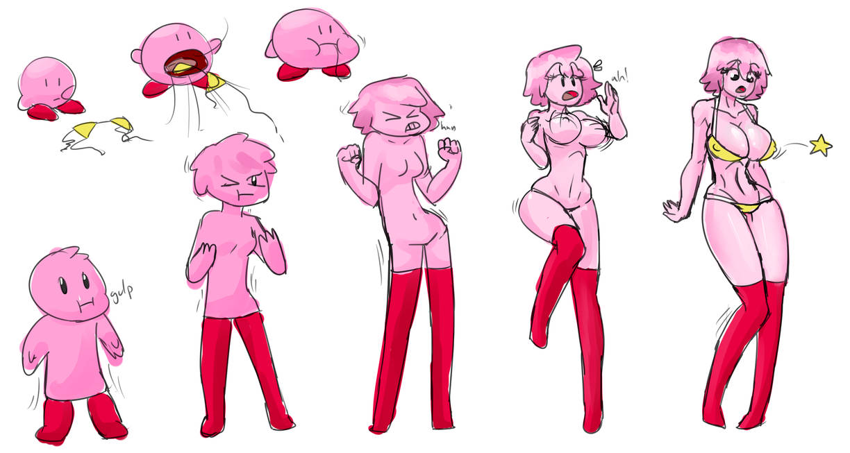 1boy, 1girls, ass expansion, bikini, breast expansion, breast growth, breast growth (enlargement), breasts, copy ability, dizzyornot (artist), female, gender transformation, hair growth, humanized, kirby, kirby (series), male, mtf transformation, nintendo, rule 63, sequence, solo, transformation, wide hips