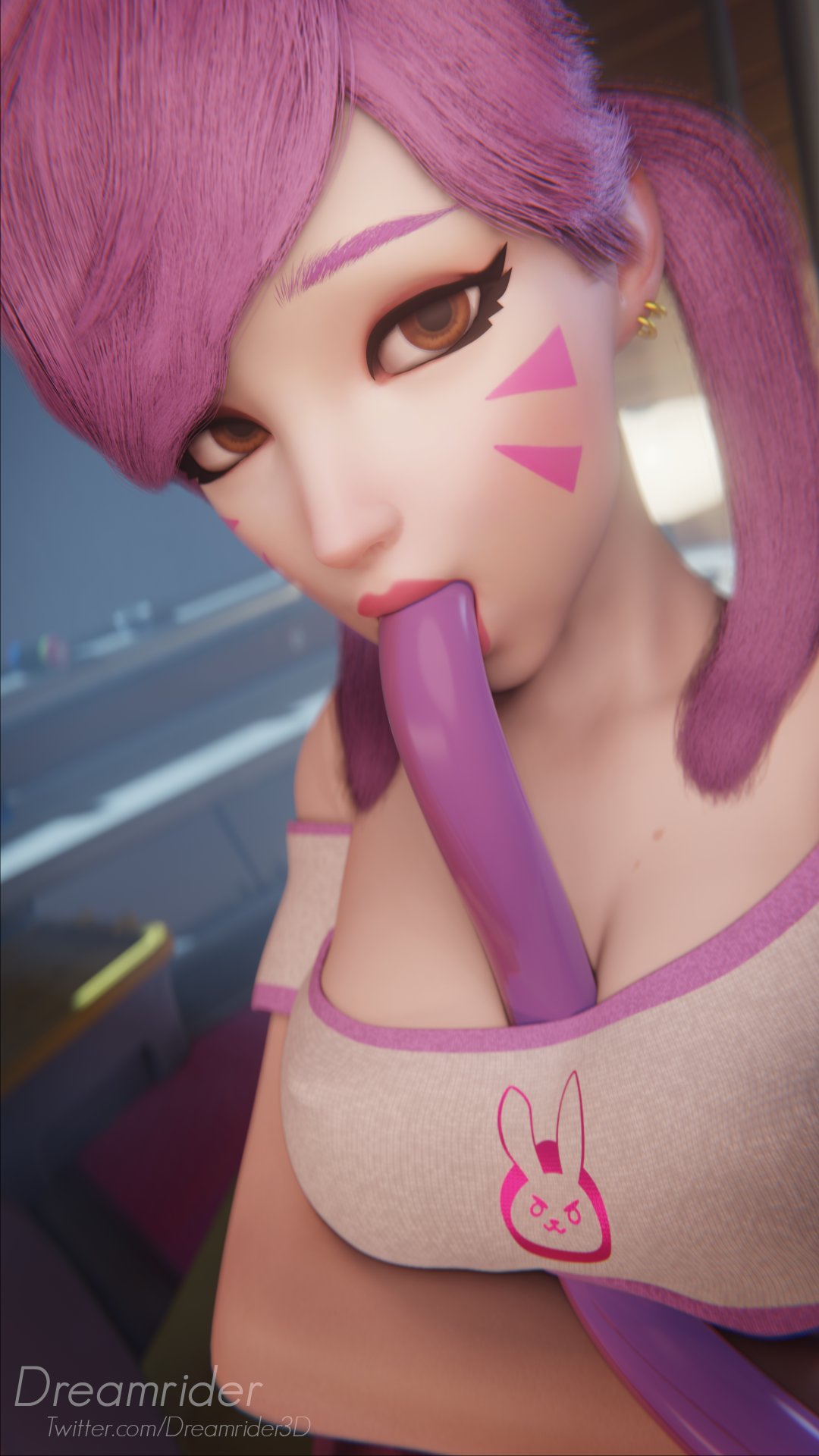 1girls, 3d, alternate costume, blender, breasts, d.va, dildo, discko d.va, dreamrider, egirl, female, female only, hana song, looking at viewer, oral, overwatch, paizuri, pink hair, selfie, solo, throat training, twintails