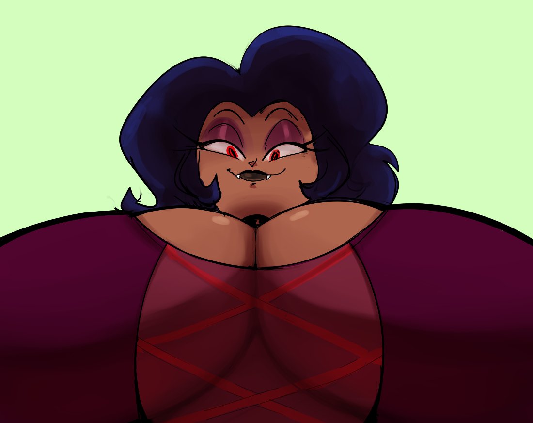 1girls, big breasts, bottom view, breasts, busty, cartoon network, choker, dark hair, dark skin, dark-skinned female, dbaru, dress, fangs, female, female only, huge breasts, large breasts, lipstick, looking at viewer, looking down, mature, mature female, milf, mother, ok k.o.! let's be heroes, red eyes, solo, top heavy, vampire, wilhamena