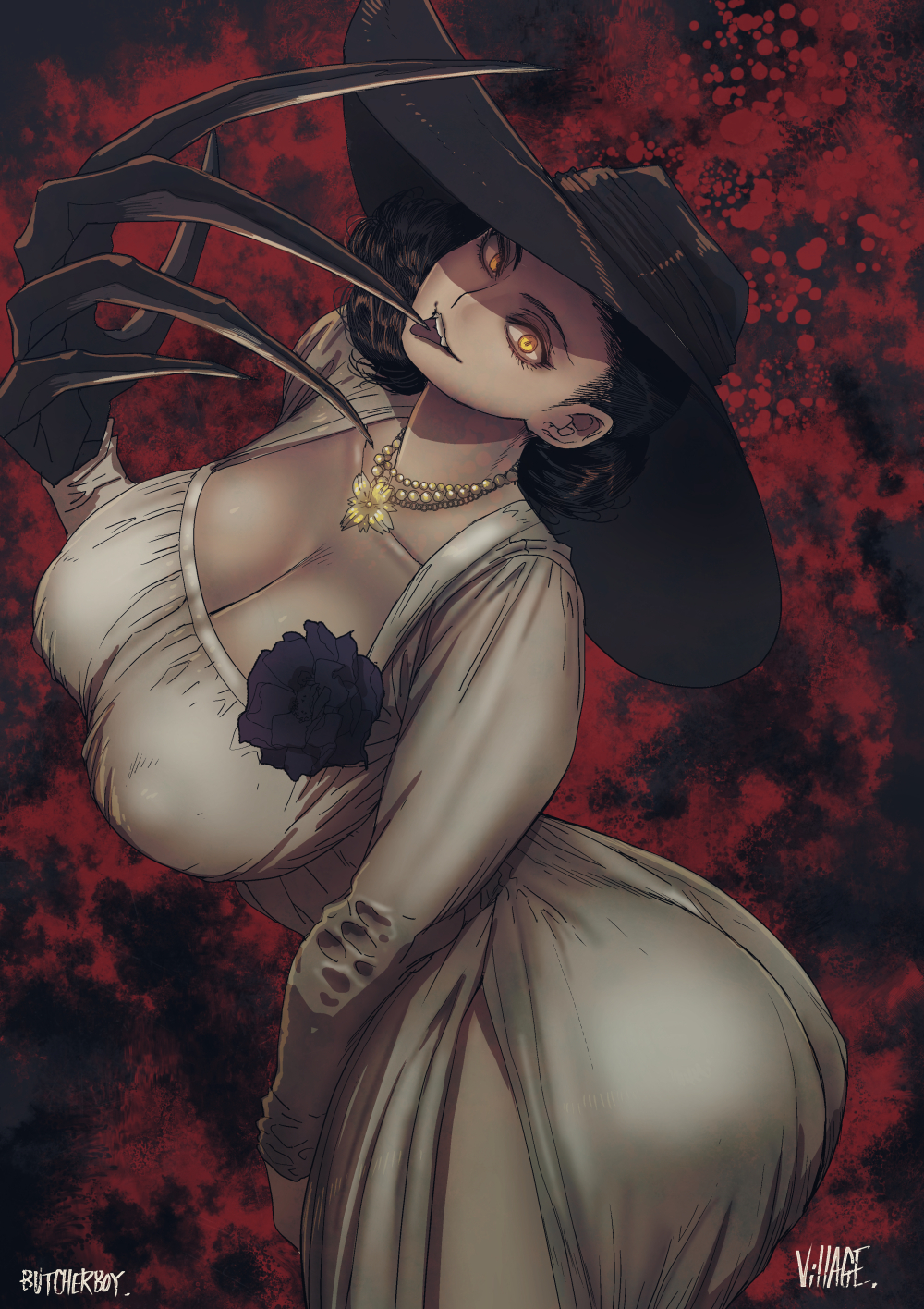 alcina dimitrescu, black hair, breasts, busty, butcherboy, capcom, claws, dress, female, hat, jewelry, large breasts, looking at viewer, resident evil, resident evil 8: village, solo, tongue, tongue out, voluptuous, yellow eyes
