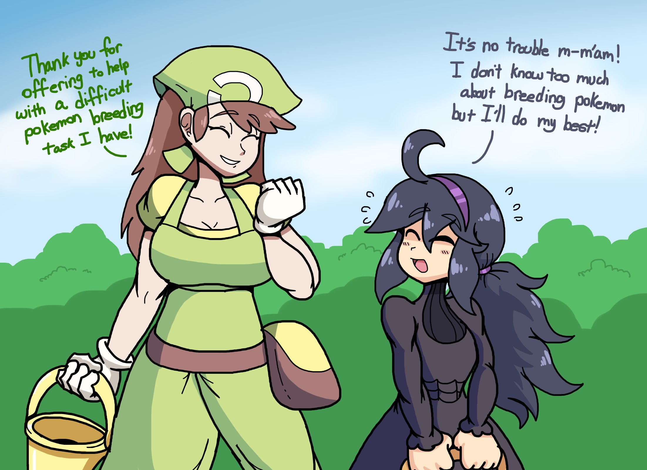 1boy, 1girls, ahoge, clothed, clothing, crossdressing, dialogue, dress, duo, female, femboy, fully clothed, genderswap, genderswap (ftm), girly, hex maniac, human, larger female, male, middle hex (poopishness), nintendo, outdoors, outside, pale skin, pokemon, pokemon xy, poopishness, rule 63, size difference, smaller male, standing, text, trap
