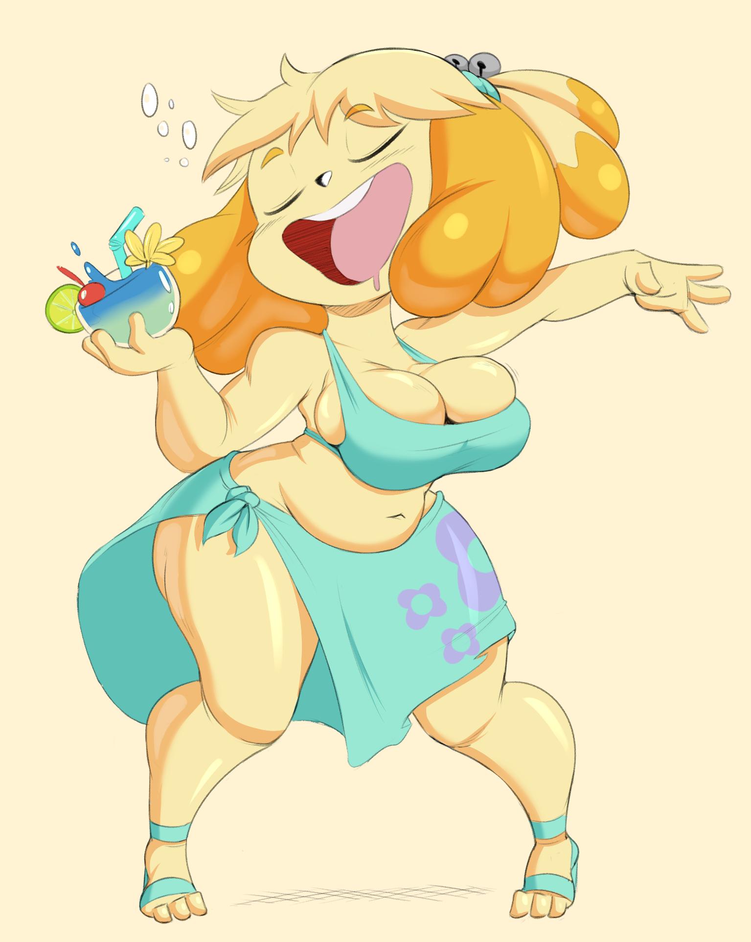 1girls alone animal_crossing belly_bulge belly_button big_butt canid canine chubby cleavage dancing dress drinking drunk female huge_butt isabelle_(animal_crossing) large_breasts liquid long_legs nintendo plump purple_yoshi_draws shortstack skindentation solo solo_focus straw thick_thighs wide_hips