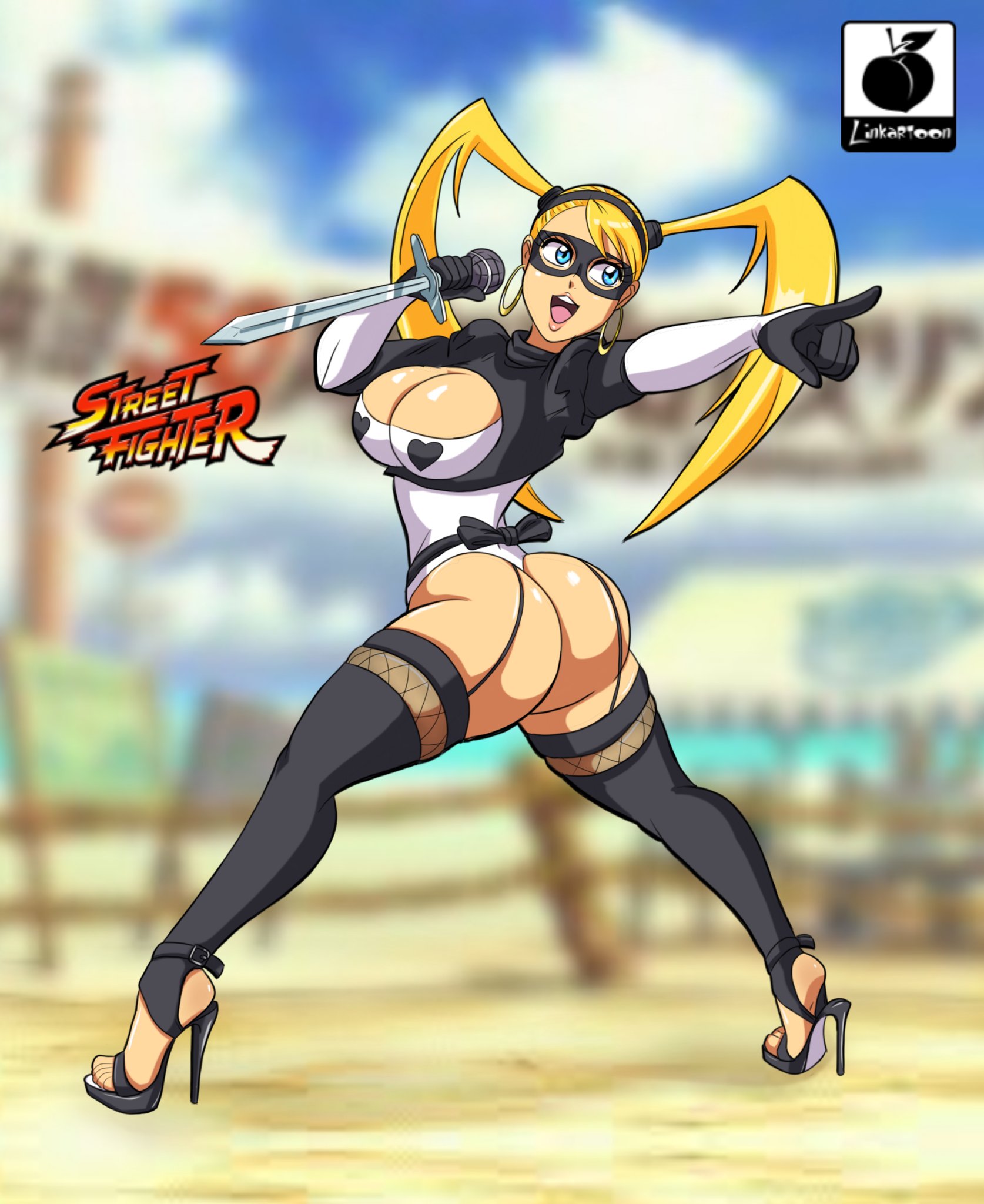1girls, alternate costume, alternate version available, artist name, ass, blonde hair, blue eyes, breasts, bubble ass, bubble butt, busty, capcom, cleavage, cosplay, ear piercing, earrings, eyelashes, female, female only, heels, high heels, large ass, large breasts, legs, linkartoon, lips, mask, microphone, nier: automata, open toe shoes, piercing, rainbow mika, shiny hair, shiny skin, stiletto heels, street fighter, sword, thighs, very high heels, voluptuous, watermark, weapon, wrestler, yorha 2b (cosplay)