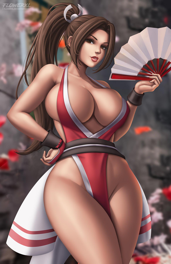 1girls, big breasts, breasts, cleavage, fatal fury, female, female only, flowerxl, king of fighters, large breasts, looking at viewer, mai shiranui, snk, solo, thick thighs, wide hips