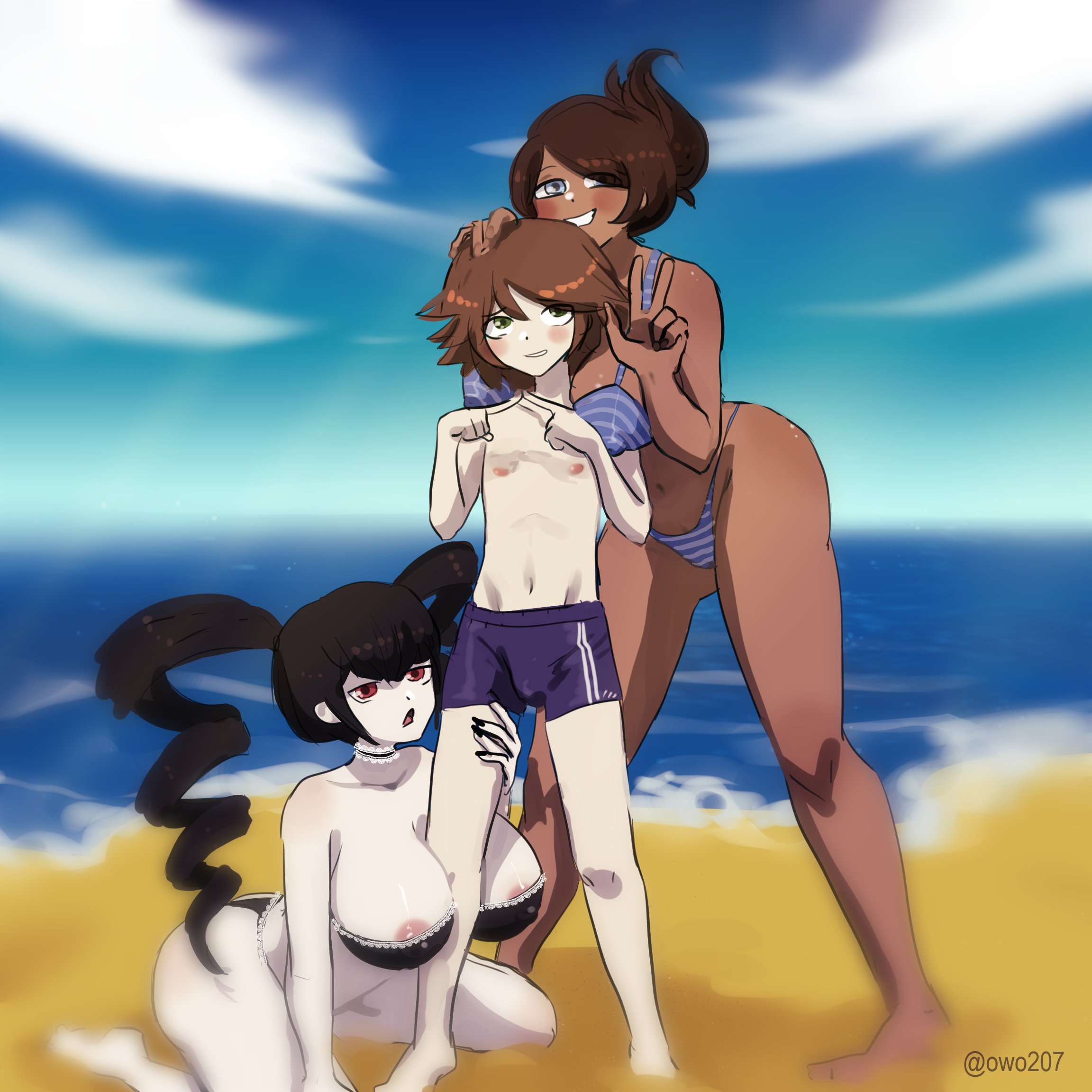 1boy, 2girls, asahina aoi, beach, bikini, breasts, celestia ludenberg, danganronpa, dark skin, dark-skinned female, female, femboy, femboy on female, fujisaki chihiro, large breasts, light skin, light-skinned female, light-skinned male, male, multiple females, multiple girls, nikkei (artist), pale skin, pale-skinned female, pale-skinned male, straight, straight hair, twin drills, twintails, white skin, white-skinned female