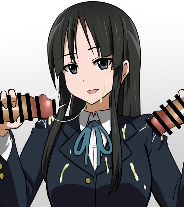 2boys, artist name, breasts, bukkake, cum, cum on body, cum on breasts, cum on face, disembodied penis, double handjob, female, gangbang, k-on!, male, mio akiyama (k-on!), penis, tagme