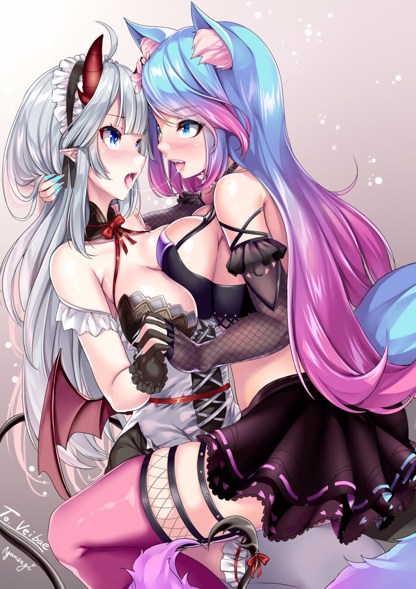 2girls asymmetrical_docking blue_eyes blue_nails cat_ears choker demon_girl drooling elf_ears flower_in_hair grey_hair hand_holding holding_hands indie_virtual_youtuber kissing multicolored_hair multicolored_nail_polish multiple_girls nail_polish pink_nails pointy_ears rainbow_hair saliva silvervale skirt succubus thighhighs veibae virtual_youtuber vshojo yuri yuu_sagi