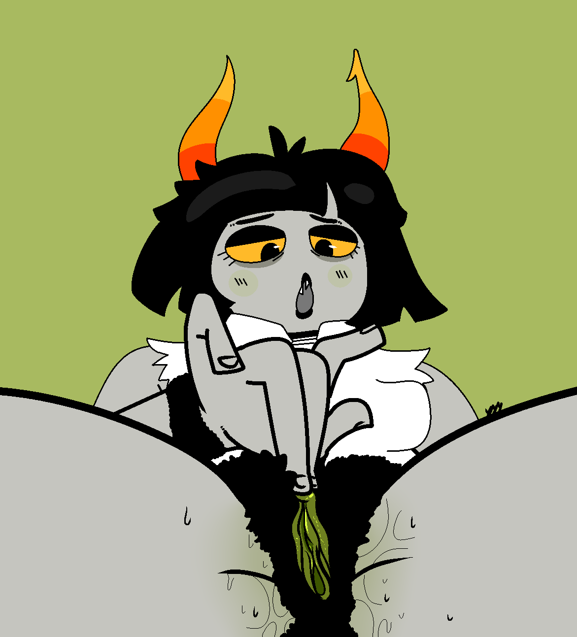 1girls 2021 black_hair black_lips blush bodily_fluids clothing daraya_jonjet fingering genitals green_background grey_skin hairy hairy_pussy hi_res hiveswap horns masturbation ms_paint_adventures musk open_mouth presenting pubes pussy short_hair solo sweat troll webcomic yellow_eyes yumyumyeen