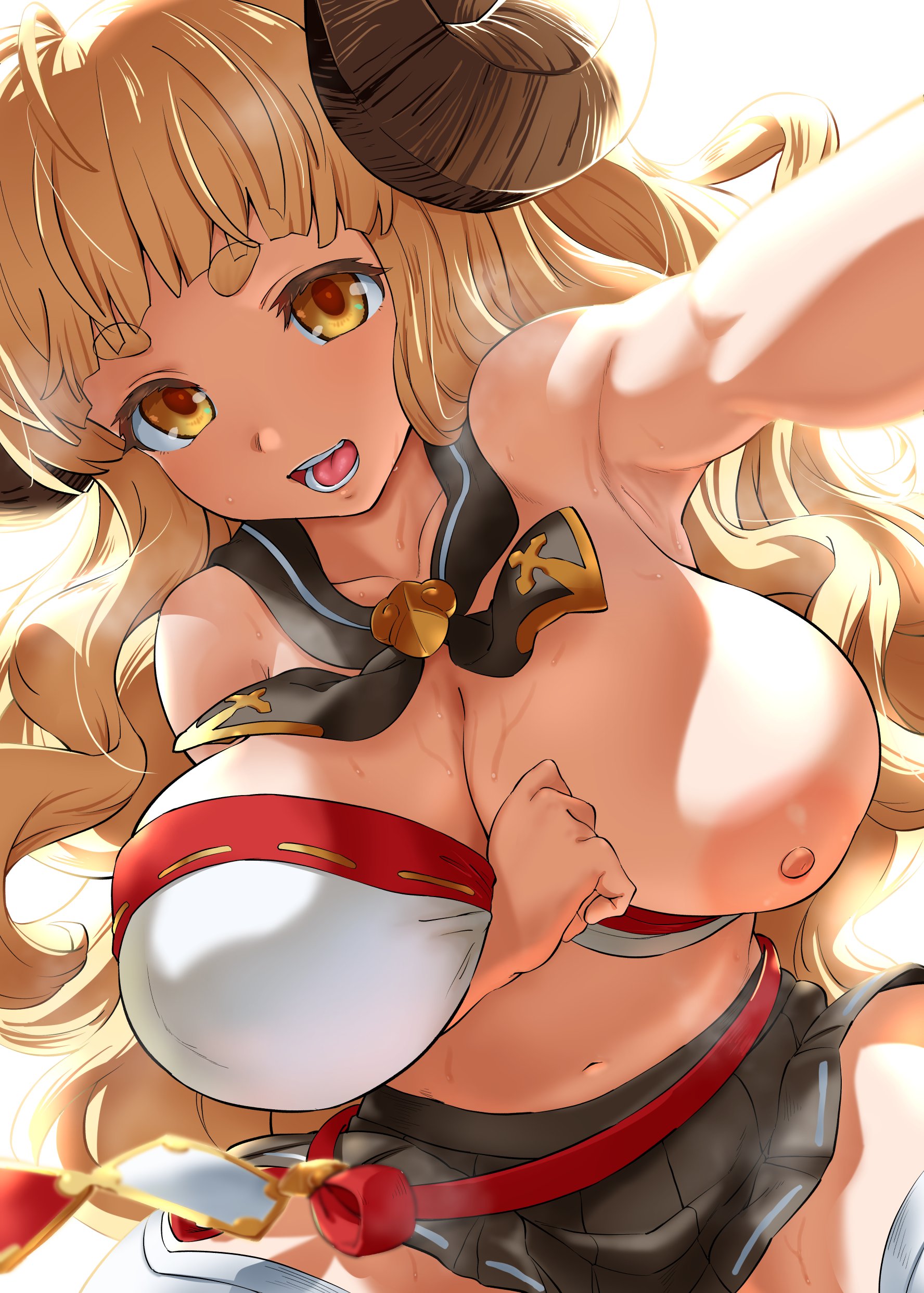anila (granblue fantasy), areolae, belly, blonde hair, breast squish, breasts, collar, exposed breasts, female, granblue fantasy, horn, horns, huge breasts, long hair, midriff, navel, nipples, selfie, shirt pull, shortstack, skirt, sugoihi, very long hair, yellow eyes