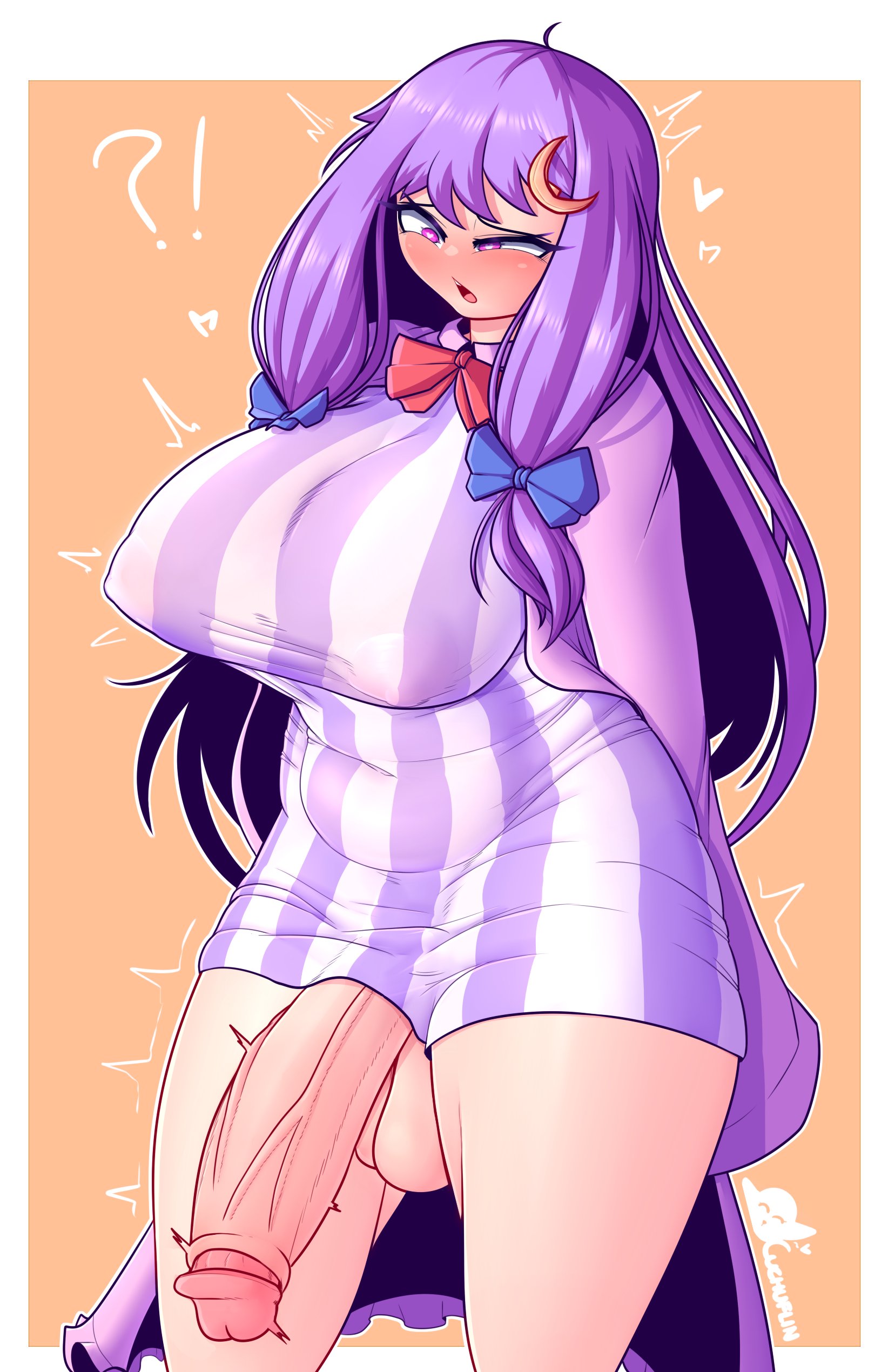?!, 1futa, balls, balls under clothes, blush, bottomless skirt, breasts, clothed, clothing, cuchuflin, erect nipples, erection under clothes, erection under skirt, futa only, futanari, half-erect, huge balls, huge breasts, huge cock, human, hyper, hyper penis, intersex, long hair, looking down, mostly clothed, nipple bulge, nipples, pale skin, patchouli knowledge, penis, penis out, penis under clothes, penis under skirt, purple hair, skirt, skirt lift, solo, surprised, thick thighs, tight clothing, touhou, wide hips