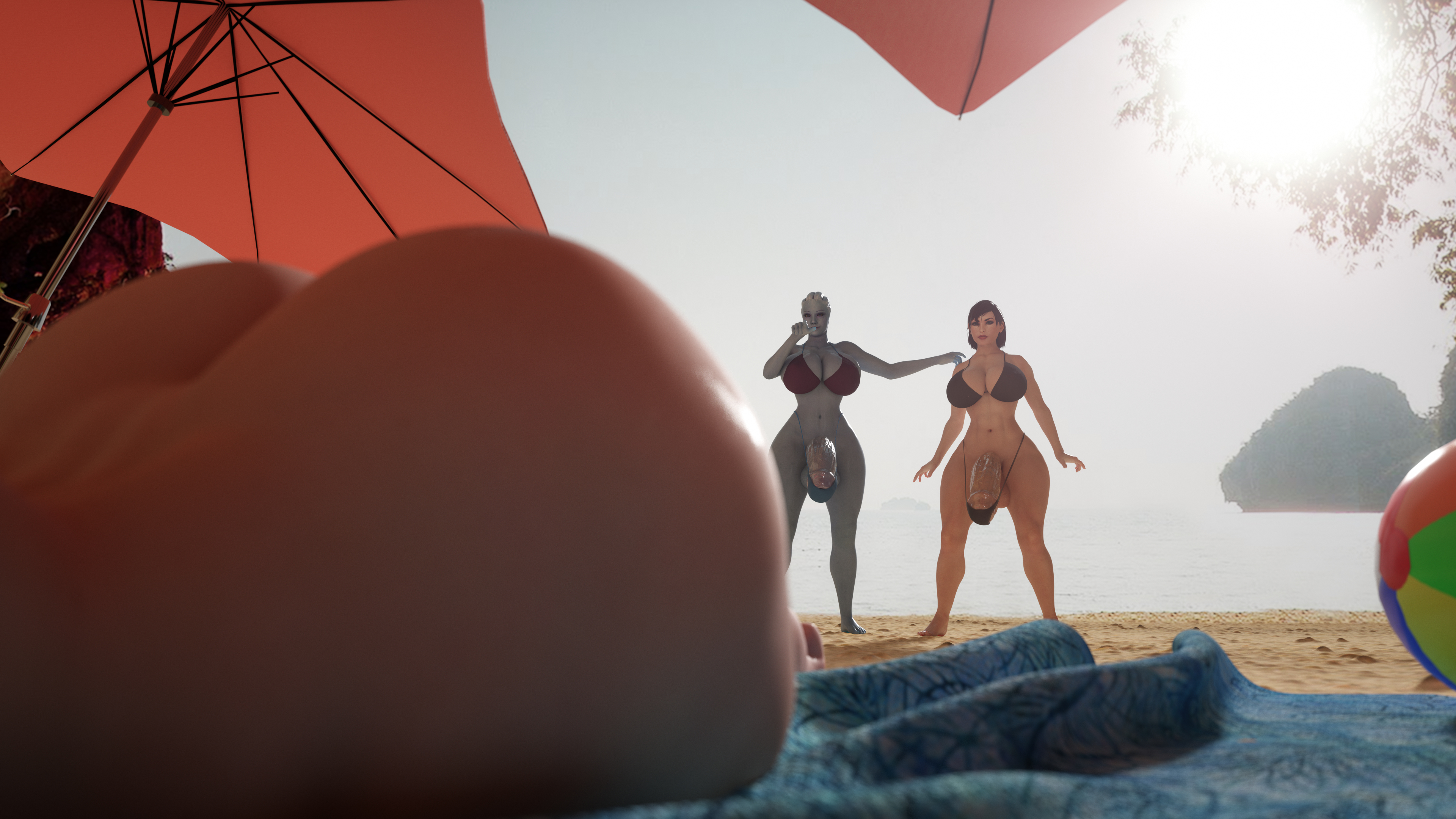 1girls, 2futas, 3d, 4k, absurdres, asari, ass, beach, big ass, big breasts, blender, breasts, bulge, cleavage, commander shepard, dimples of venus, female, femshep, futanari, futashep, highres, huge ass, huge cock, icedev, intersex, liara t'soni, looking at ass, mass effect, miranda lawson, penis, sand, sunbathing, sunlight, thick thighs, voluptuous, wide hips