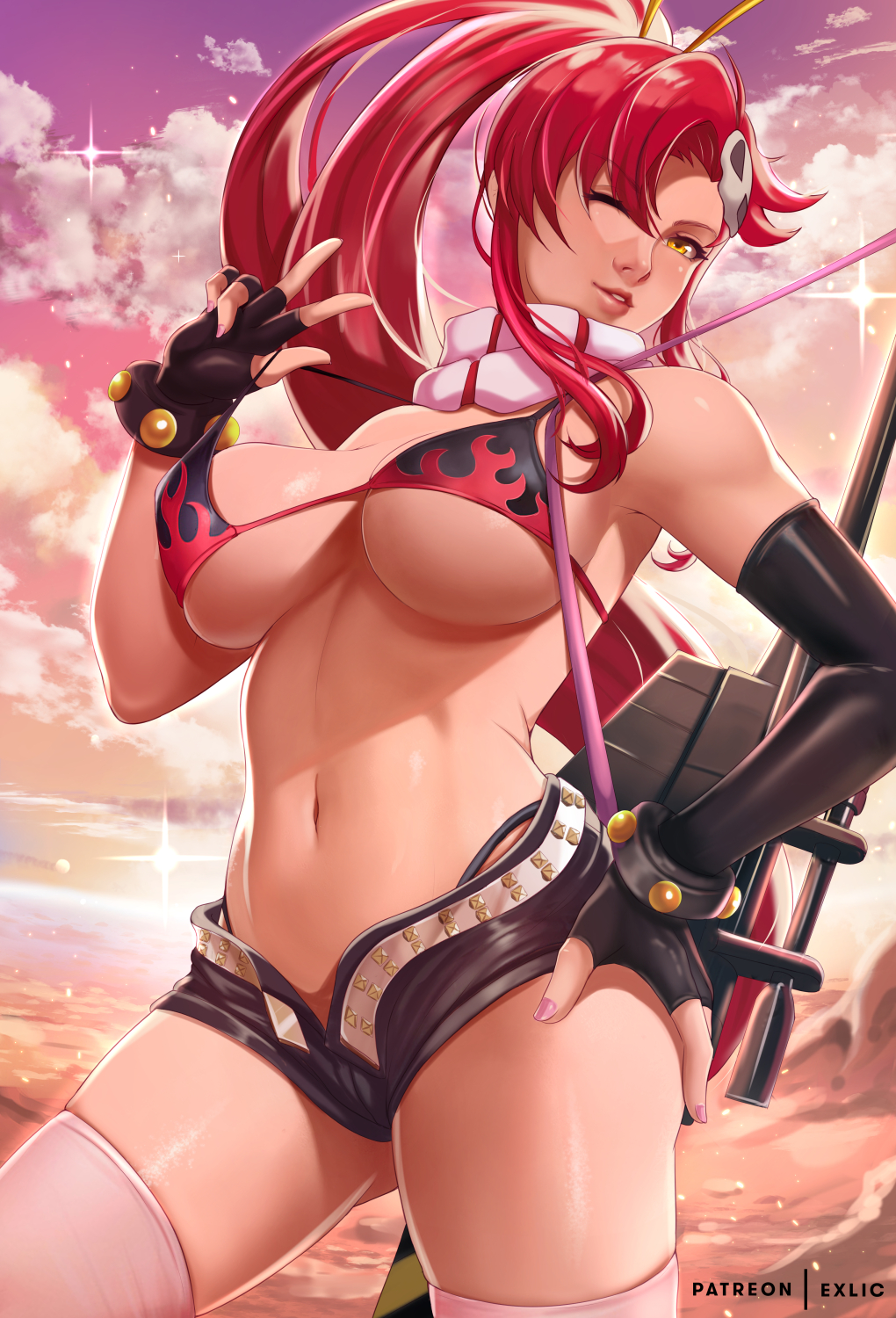 1girls, big breasts, bikini top, breasts, cleavage, exlic, female, female only, large breasts, navel, one eye closed, ponytail, red hair, smile, solo, tengen toppa gurren lagann, thighhighs, yellow eyes, yoko littner