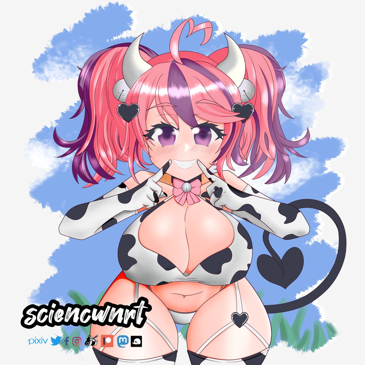 1girls, alternate costume, breasts, cleavage, cow print, female, female only, huge breasts, ironmouse, ironmouse (1st costume), multicolored hair, musgravite, pink hair, purple eyes, purple hair, purple highlights, solo, solo female, thick thighs, two-tone hair, virtual youtuber, vshojo
