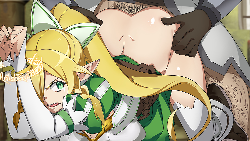 alfheim online, ambiguous penetration, arched back, blonde hair, breasts, doggy style, elf, female, forced sex, green eyes, kirigaya suguha, leafa, long hair, looking at partner, looking back, no bra, no panties, pubic hair, rape, small breasts, sword art online
