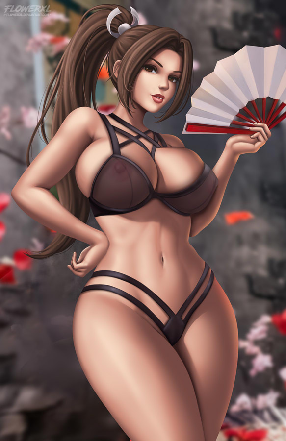 1girls, big breasts, bikini, black bikini, breasts, brown eyes, brown hair, fan, fatal fury, female, female focus, female only, flowerxl, folding fan, front view, hand fan, king of fighters, kunoichi, light skin, light-skinned female, long hair, mai shiranui, nipples visible through bra, snk, tagme, thick thighs, video game character, wide hips