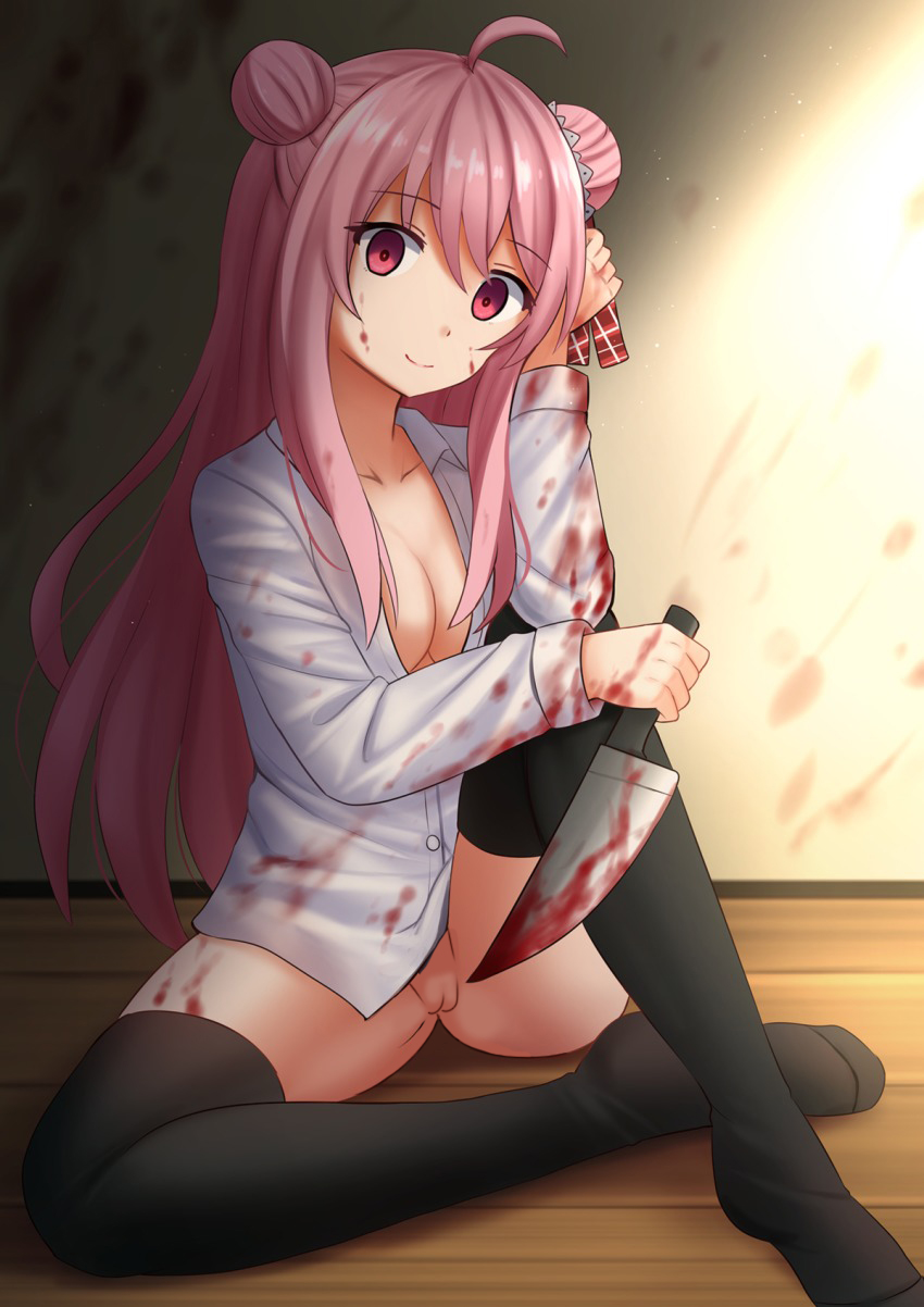 1girls black_leggings black_legwear blood blood_on_face blood_splatter blood_stain bloody_clothes bottomless breasts breasts_out clothed clothing female female_only happy_sugar_life knife looking_at_viewer matsuzaka_satou nekomate14 pink_eyes pink_hair pussy solo white_shirt yandere