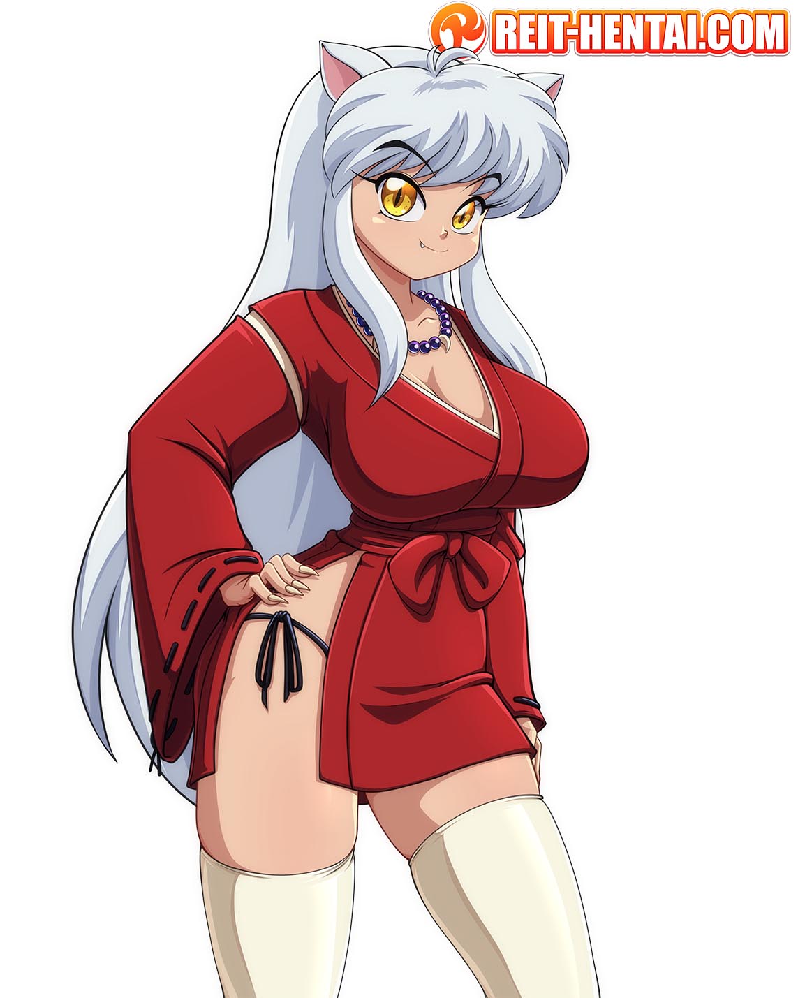 1girls, animal ears, big breasts, breasts, dog ears, female, female inuyasha, female only, genderswap, huge breasts, inuyasha, inuyasha (character), kimono, long hair, looking at viewer, oerba yun fang, red kimono, reit, rule 63, short dress, solo, very long hair, watermark, white hair, yellow eyes