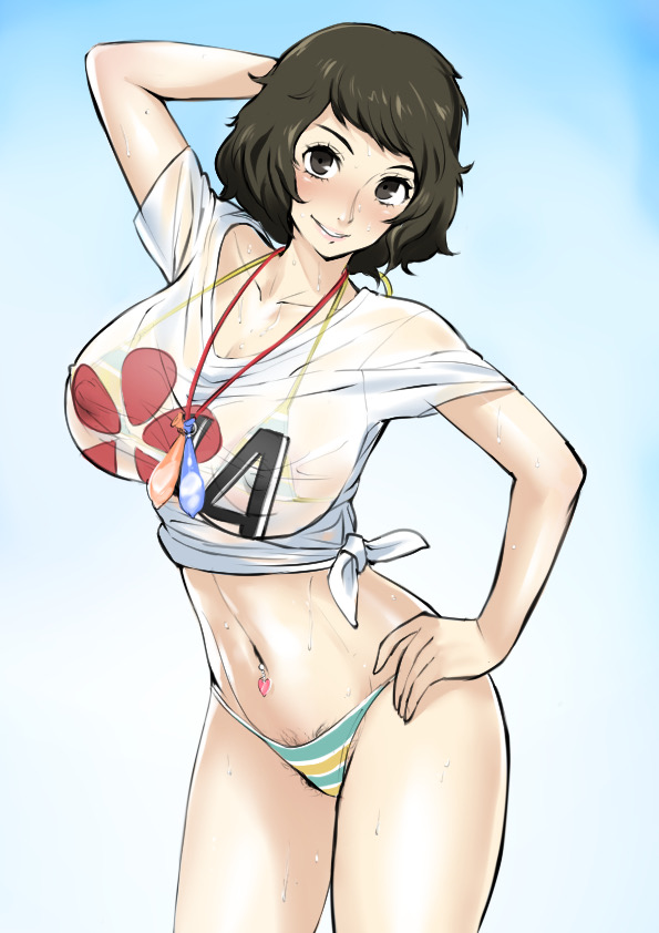 1girls, 2019, akizora, arm up, atlus, bikini, bikini bottom, bikini top, black hair, brown eyes, clothing, condom, condom accessories, condom necklace, female, female only, looking at viewer, navel piercing, nipples, nipples visible through clothing, persona, persona 5, pubic hair, pubic hair peek, sadayo kawakami, sadayo kawakami (swimsuit), shirt, short hair, smile, solo, solo female, sweat, swimsuit, swimwear, t-shirt, translucent clothing, used condom, wet clothes, wet shirt, white skin