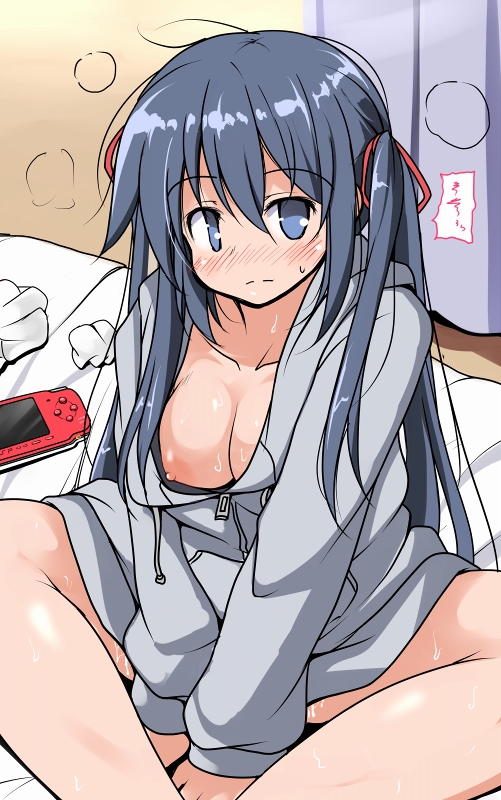 blue_eyes blue_hair breasts electronics female game_console gamers! grey_hoodie handheld_game_console hood hoodie hoshinomori_konoha long_hair medium_breasts naked_hoodie nipple_slip nipples open_clothes open_jacket outerwear playstation_portable solo sweat sweater topwear tsuzuri_(tuzuri) twintails