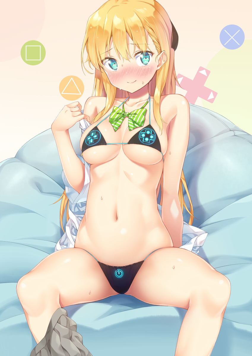 aqua_eyes bikini black_bikini blonde_hair blush bow bowtie breasts closed_mouth embarrassed female full-face_blush gamer gamer_girl gamers! halterneck highres ichi_makoto kazuma_(kazumav) long_hair medium_breasts navel off_shoulder sidelocks sitting skindentation skirt skirt_around_one_leg smile solo stomach string_bikini sweat swimsuit tendou_karen undressing