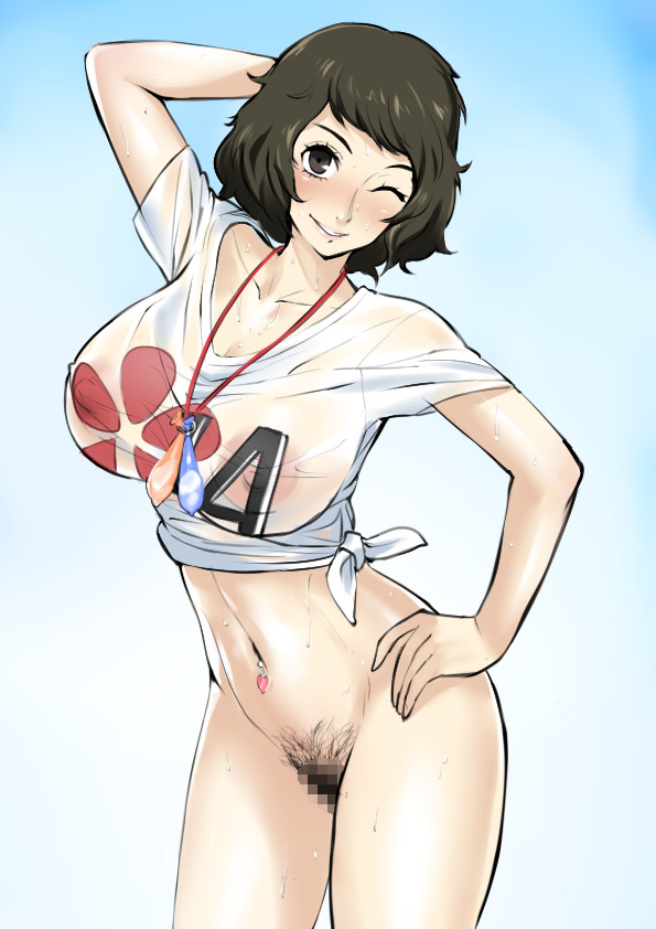 1girls, akizora, atlus, black hair, bottomless, censored, condom, condom accessories, condom necklace, female, female only, mosaic censorship, navel piercing, nipples, nipples visible through clothing, persona, persona 5, pubic hair, sadayo kawakami, shirt, solo, solo female, sweat, swimwear, t-shirt, used condom, wet shirt, wink, winking, winking at viewer