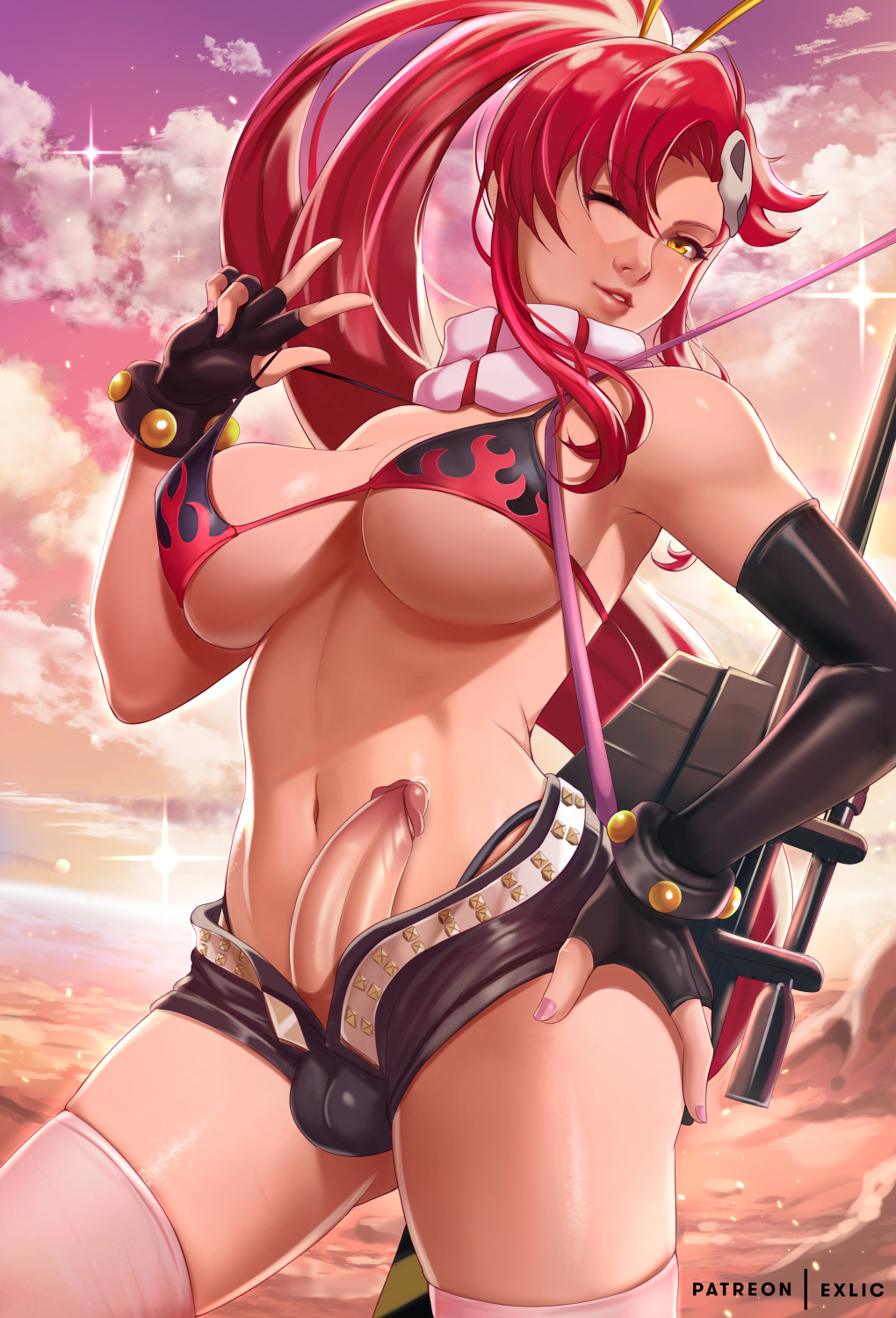 1futa, balls, balls under clothes, big breasts, bikini, bikini top, booty shorts, breasts, cleavage, clothed, clothing, detailed background, erection, exlic, futa only, futanari, gun, human, intersex, large breasts, light skin, long hair, mostly nude, open fly, pale skin, penis, precum, red hair, shorts, skindentation, solo, standing, tengen toppa gurren lagann, testicles, thighhighs, v, weapon, yoko littner