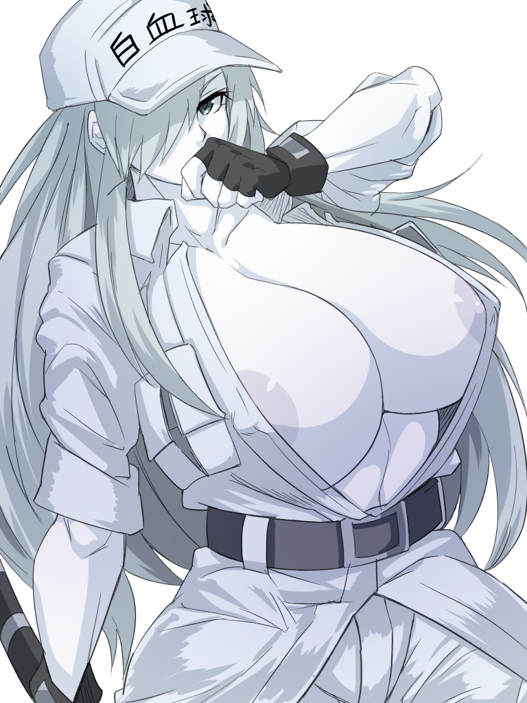 1girls, areola slip, areolae, arm behind head, bangs, baseball cap, belt, black gloves, breasts, cap, cleavage, collared shirt, covered eyes, female, fingerless gloves, gloves, grey eyes, hat, hataraku saibou, hataraku saibou black, holding, holding weapon, large breasts, looking at viewer, one arm up, open clothes, open shirt, plain background, shirt, shiva (tairakuten), simple background, u-1196, weapon, white background, white blood cell (hataraku saibou), white hair, white shirt