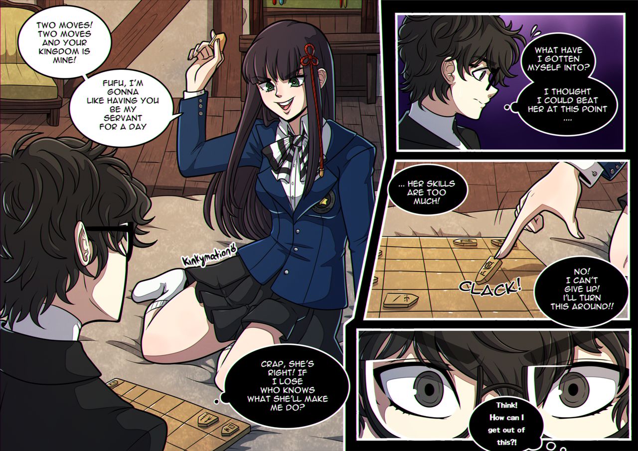 1boy, 1girls, atlus, comic, dialogue, english text, female, glasses, hifumi togo, joker (persona), kinkymation, male, megami tensei, persona, persona 5, persona 5 royal, ren amamiya, tagme