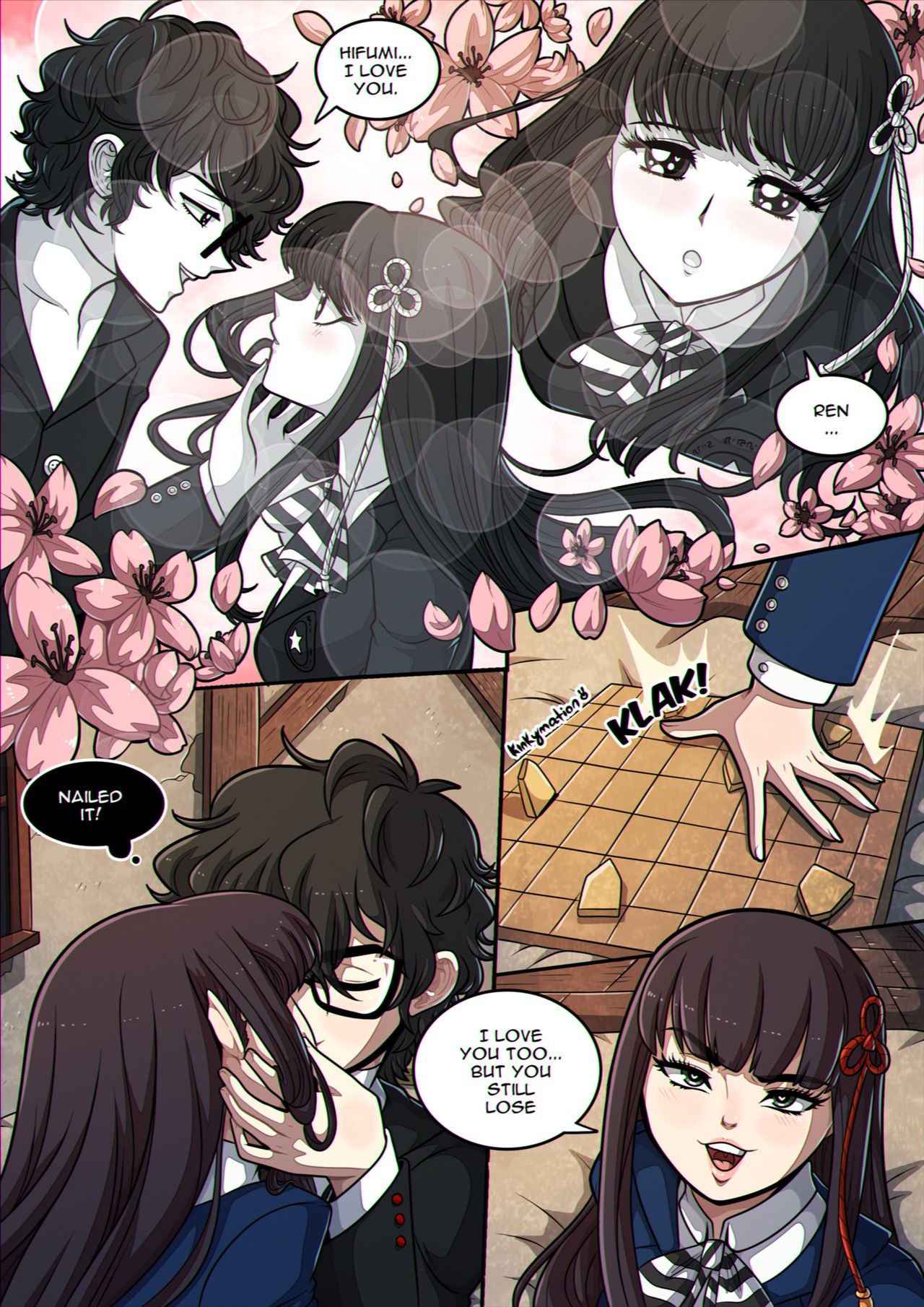 1boy, 1girls, atlus, comic, dialogue, female, heart, heart-shaped pupils, hifumi togo, joker (persona), kinkymation, kissing, male, megami tensei, persona, persona 5, persona 5 royal, ren amamiya, tagme