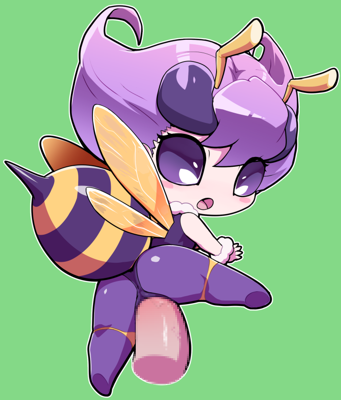 antennae bee blush blush_stickers capcom censored chibi darkstalkers green_background no_pupils nollety open_mouth purple_background q-bee short_hair stinger tights wings