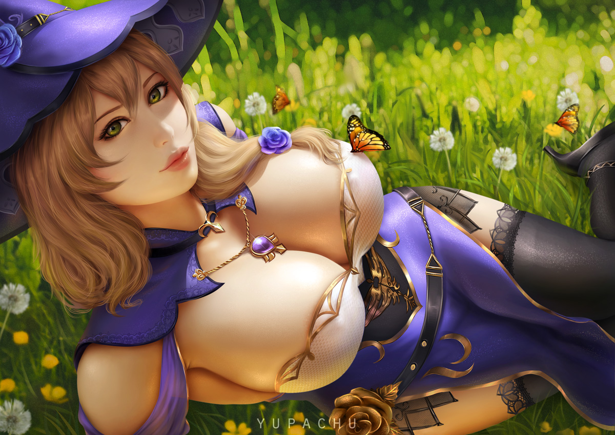 1girls, big breasts, breasts, cleavage, female, female only, genshin impact, large breasts, lisa (genshin impact), looking at viewer, solo, thick thighs, thighhighs, wide hips, yupachu