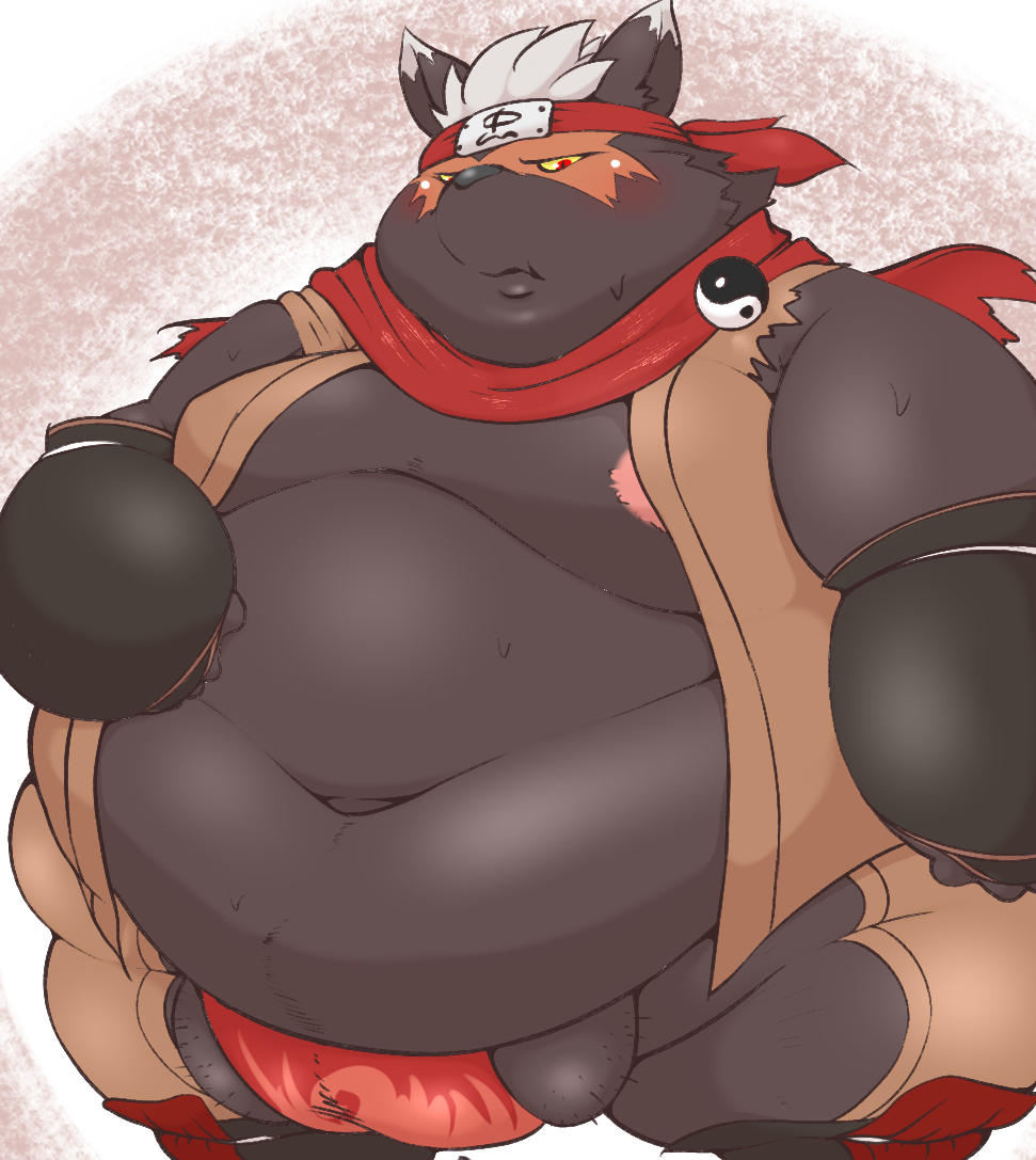 2021 anthro asian_clothing balls belly blush canid canine canis clothing domestic_dog east_asian_clothing fundoshi genitals hamatnk japanese_clothing kemono male mammal moobs navel nipples obese obese_male overweight overweight_male scarf solo tadatomo tokyo_afterschool_summoners underwear video_games