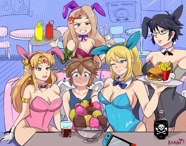 1boy 4girls angry bayonetta bayonetta_(character) bayonetta_2 bunnysuit cleavage crossover goddess huge_breasts karbuitt kid_icarus kirbo_(terminalmontage) kirby kirby_(series) metroid nintendo pit_(kid_icarus) princess_zelda royalty samus_aran seductive super_smash_bros. terminalmontage the_legend_of_zelda viridi zelda_(a_link_between_worlds)