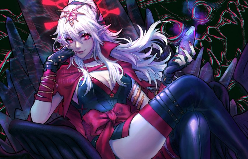 alternate eye color, alternate hair color, black dress, black gloves, blush, bow, breasts, cape, cleavage, closed mouth, commentary, dark persona, dress, english commentary, eyebrows visible through hair, faithom, female, fingerless gloves, fire emblem, fire emblem awakening, floating hair, gloves, grima (fire emblem), hair between eyes, hair ornament, hair ribbon, halloween, holding, jewelry, large breasts, legs crossed, lips, long hair, looking at viewer, manakete, nail, nail polish, nintendo, pointy ears, ponytail, possessed, possession, red bow, red cape, red eyes, red nails, ribbon, short dress, sitting, slit pupils, smile, solo, stone, thighhighs, throne, tiki (fire emblem), tiki (fire emblem) (adult), torn cape, torn clothes, twitter username, white hair