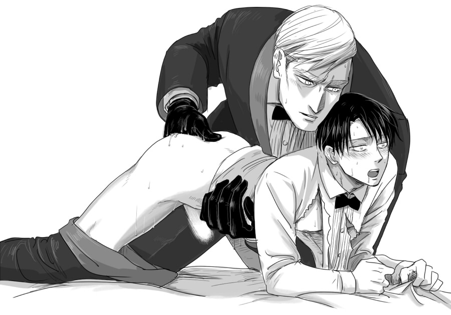 2boys, anal fingering, artist request, ass, attack on titan, bare ass, bare thighs, bed sheet, black and white, censored, censored penis, erwin smith, fingering, gay, gloves, gripping sheets, levi, levi ackerman, male, male/male, monochrome, multiple boys, multiple males, open mouth, penis, ripped clothing, shingeki no kyojin, source request, tuxedo, yaoi