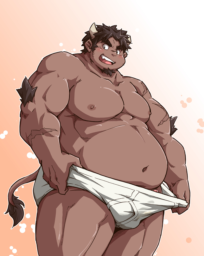 1boy 2021 4:5 animal_humanoid belly blush bovid bovid_humanoid bovine bovine_humanoid bulge clothing genitals horn horned_humanoid humanoid humanoid_hands male male_only mammal mammal_humanoid moobs navel nipples overweight overweight_male penis solo takagi_kyou tetsuox tokyo_afterschool_summoners underwear video_games white_underwear