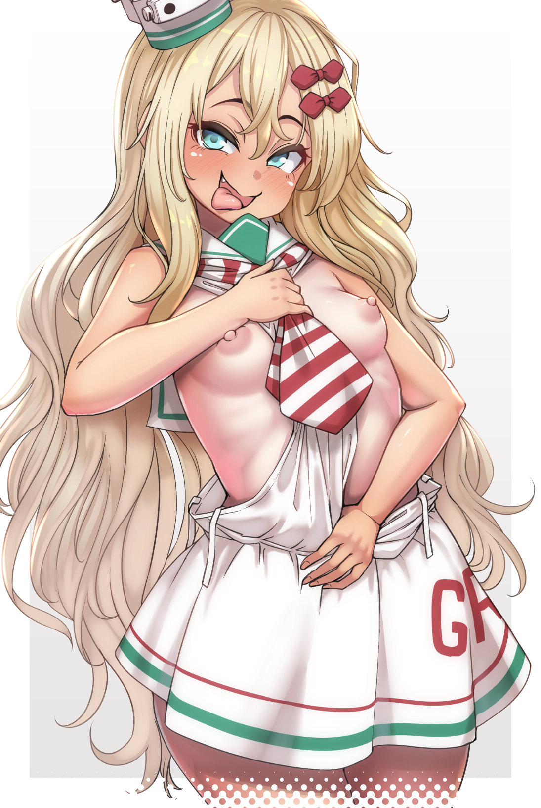 :d, blonde hair, blue eyes, blush, bow, breasts, dress, female, grecale (kantai collection), hairbow, hat, highres, kantai collection, konoshige (ryuun), long hair, looking at viewer, nipples, oerba yun fang, open mouth, ryuun (stiil), small breasts, smile, solo, tan, tanline, tongue, tongue out, very long hair