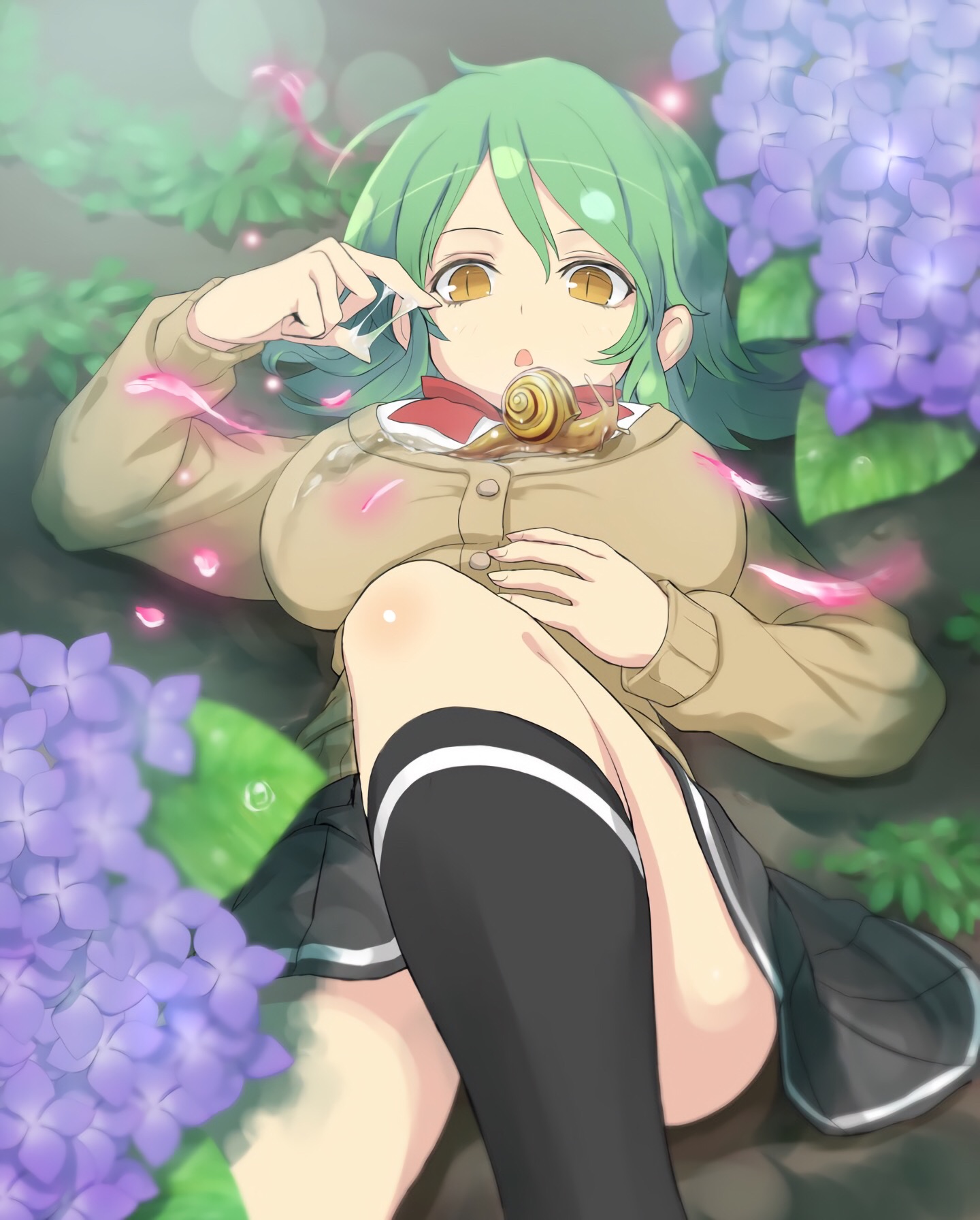 1girls, black skirt, breasts, card, card (medium), cardigan, clothing, convenient censoring, curious, female, flower, gastropod, green hair, hand on stomach, hikage (senran kagura), insect on female, insects, large breasts, looking at hand, lying, medium hair, miniskirt, official art, open mouth, pleated skirt, school uniform, senran kagura, shirt, skirt, slime, slit pupils, snail, snake eyes, sticky, thick thighs, thighs, yaegashi nan, yellow eyes