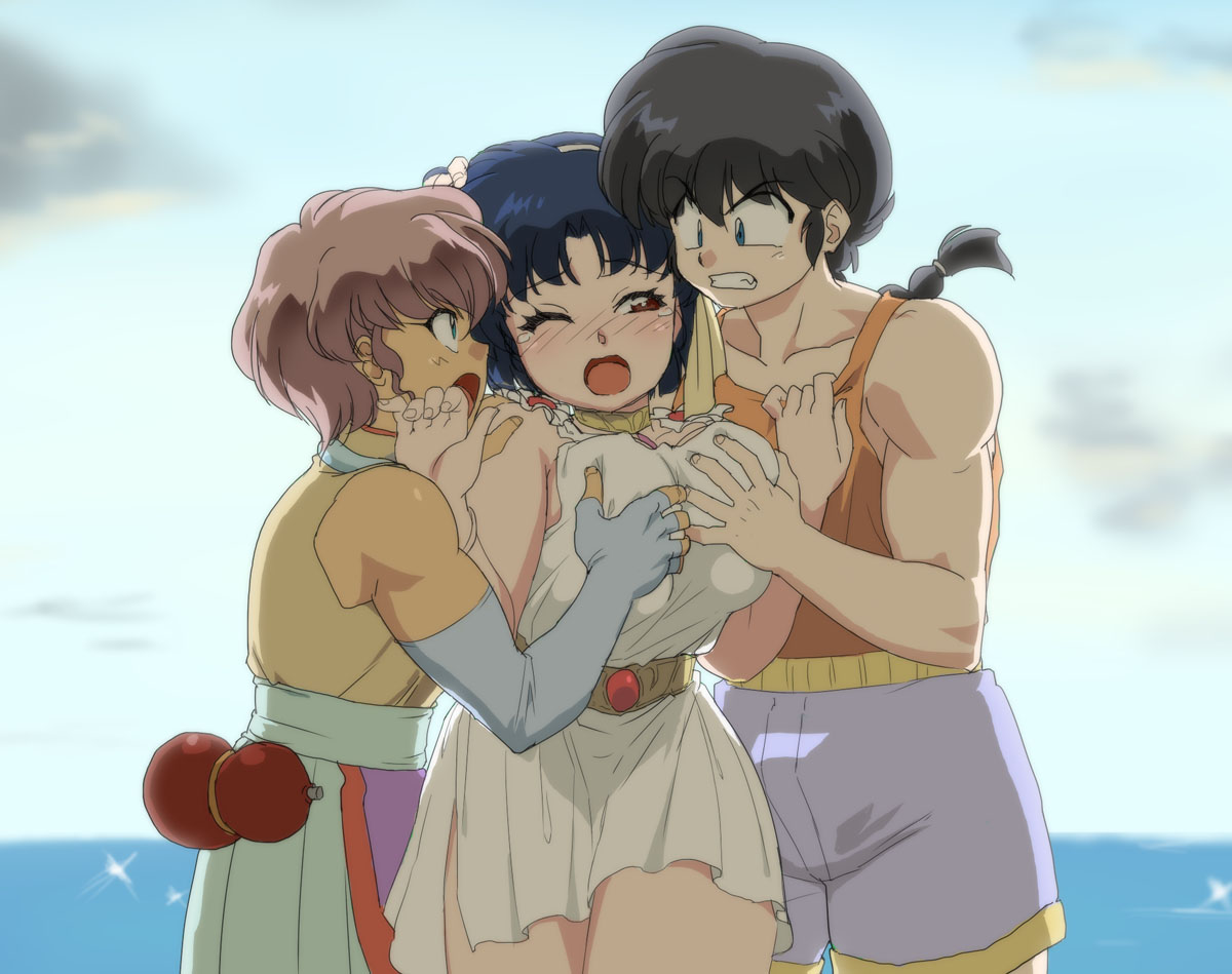 1girls, 2boys, akane tendo, annoyed, biceps, big breasts, black hair, blue eyes, blush, blushing, bottomwear, breast grab, breasts, brown eyes, brown hair, clothed, clothes, clothing, color, dark hair, dress, embarrassed, female, female focus, grabbing, hand on breast, large breasts, long hair, long-haired male, mage (harumagedon), male, multiple boys, multiple males, muscles, muscular, muscular male, ocean, outdoors, outside, pleasure face, ponytail, prince toma, ranma 1/2, ranma saotome, ranma-kun, short dress, short hair, shorts, size difference, solo female, straight, tank top, topwear, water